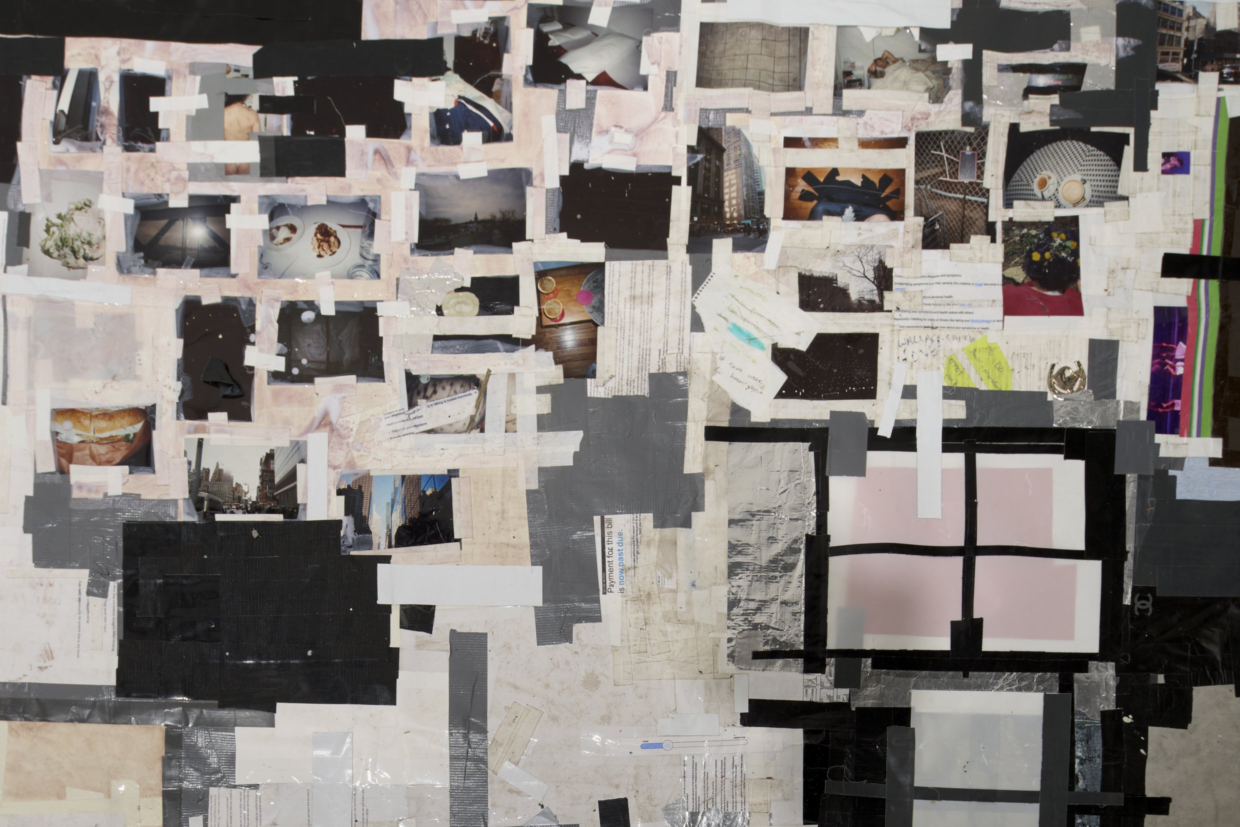 Detail: Sylvie Hayes-Wallace, MY LANDSCAPE, 2023 - 2026. Canvas, drop cloth, old pillowcases, old sheets, blackout curtains, acid-free cellotape, gaffers tape, artists tape, old tanktop, paper, white wine, wax, whiskey, interior paint, floor and pati