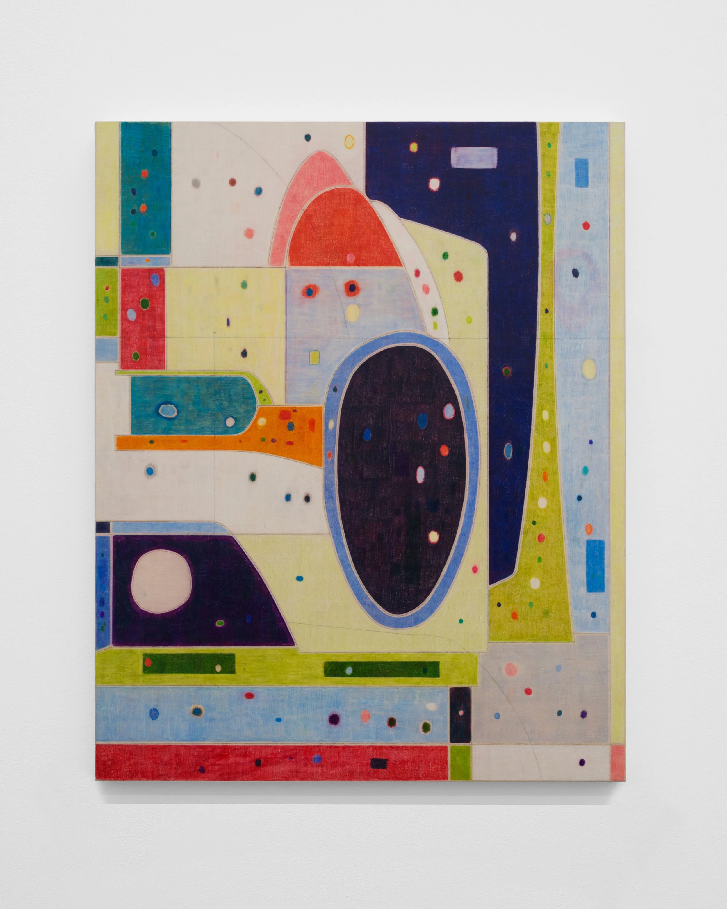 Marlon Kroll, Sentinel, 2026, Colored pencil on bedsheet over panel, 20 × 16 in | 51 × 40.5 cm