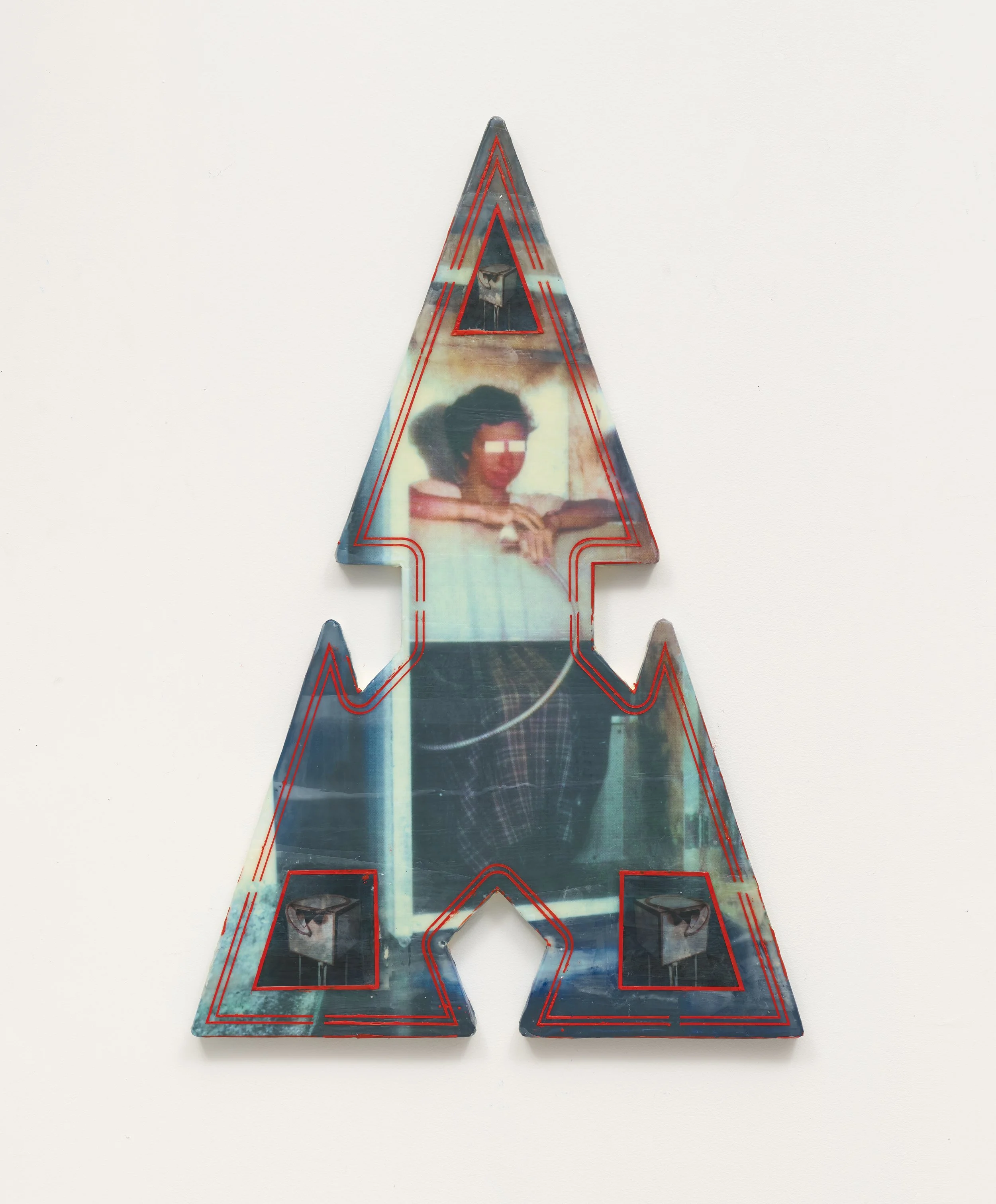 Orogone Accumulator Triangulation, 2024, Encaustic medium, inkjet print on wood panel, 39.75 x 19.5 x 1 inches