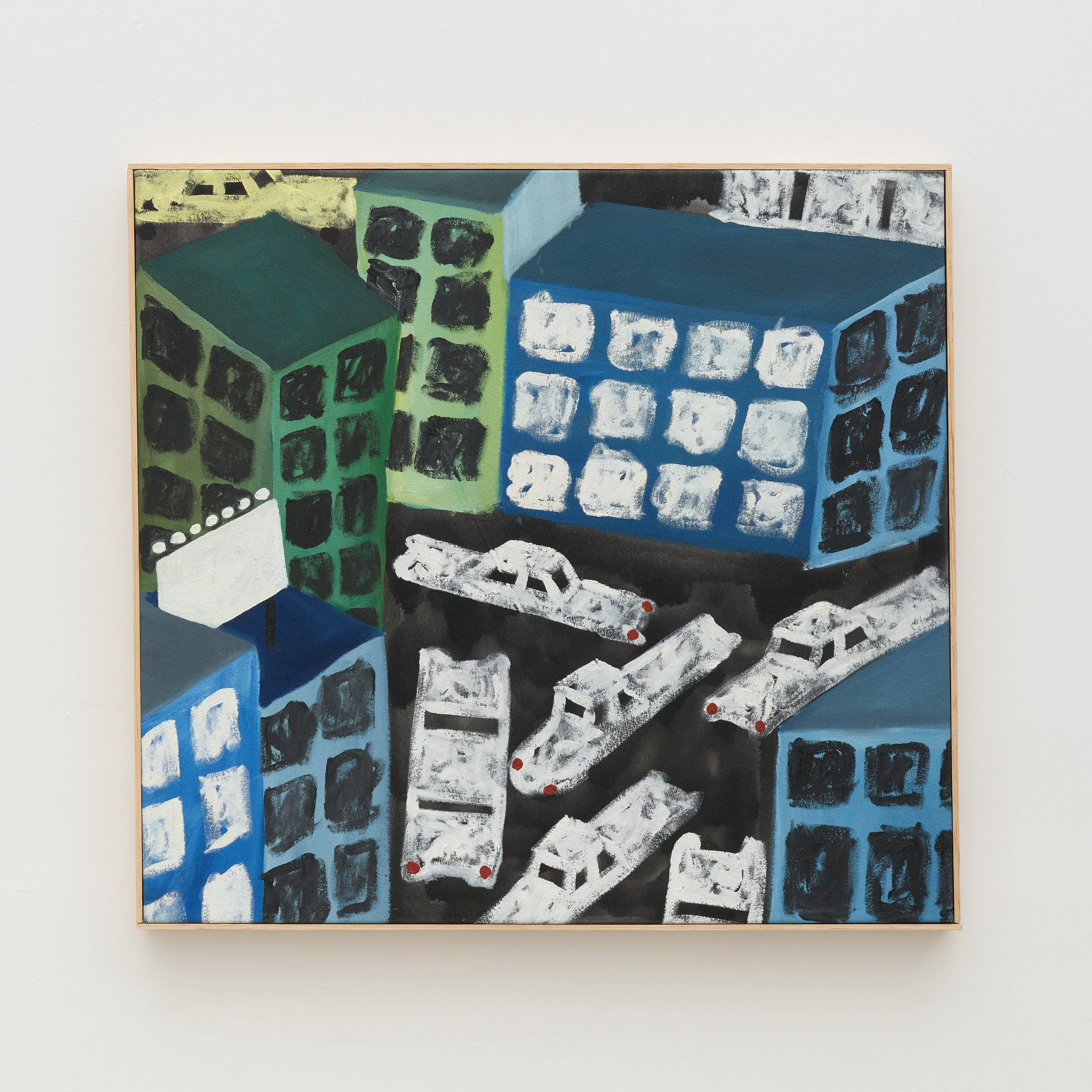 L.W.D., Untitled (Downtown Babylon), 2025. Oil and spray paint on canvas. 26 1/2 x 28 1/2 inches