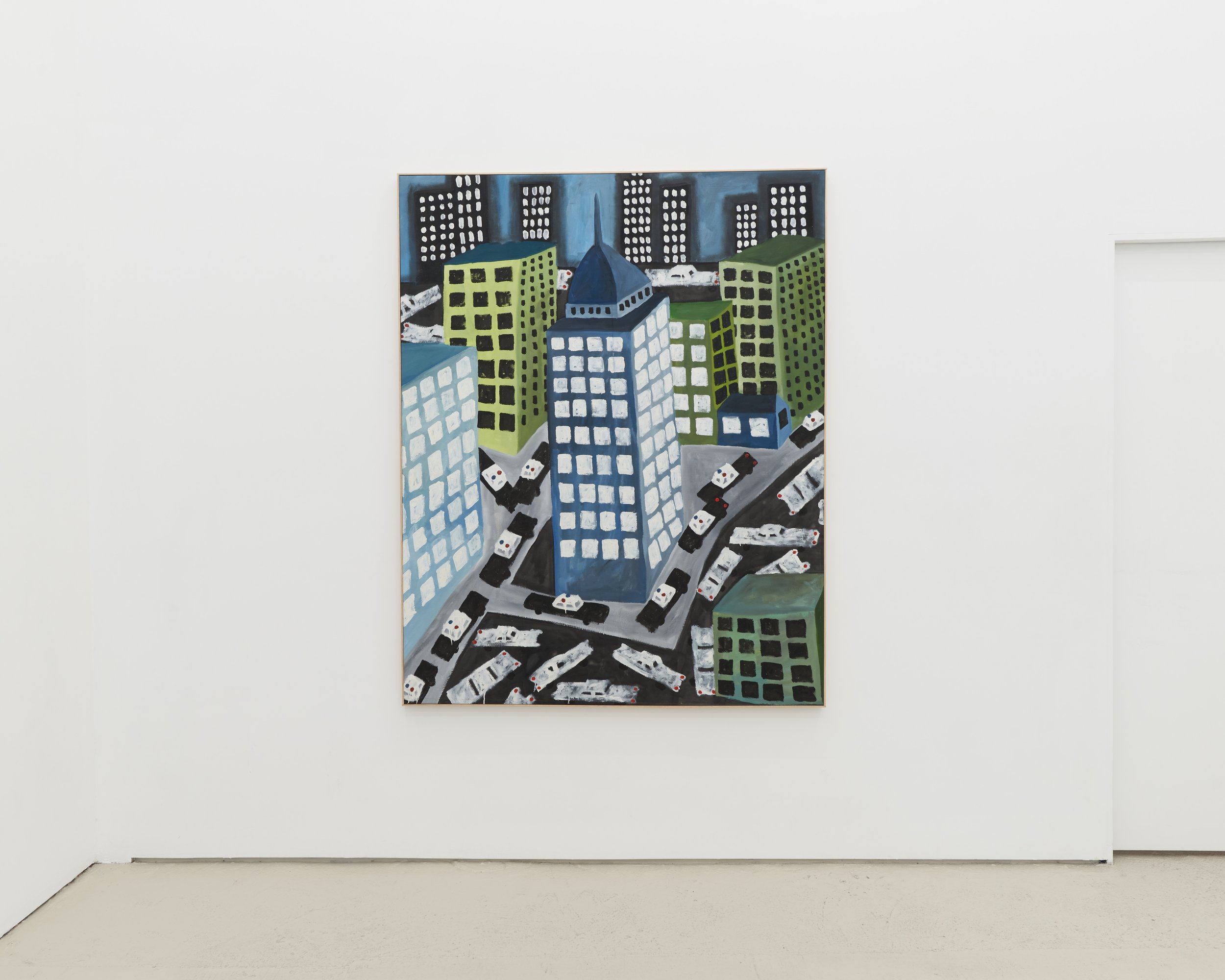 L.W.D., Untitled (Downtown Babylon), 2024. Oil and spray paint on canvas. 68 1/2 x 54 1/2 inches