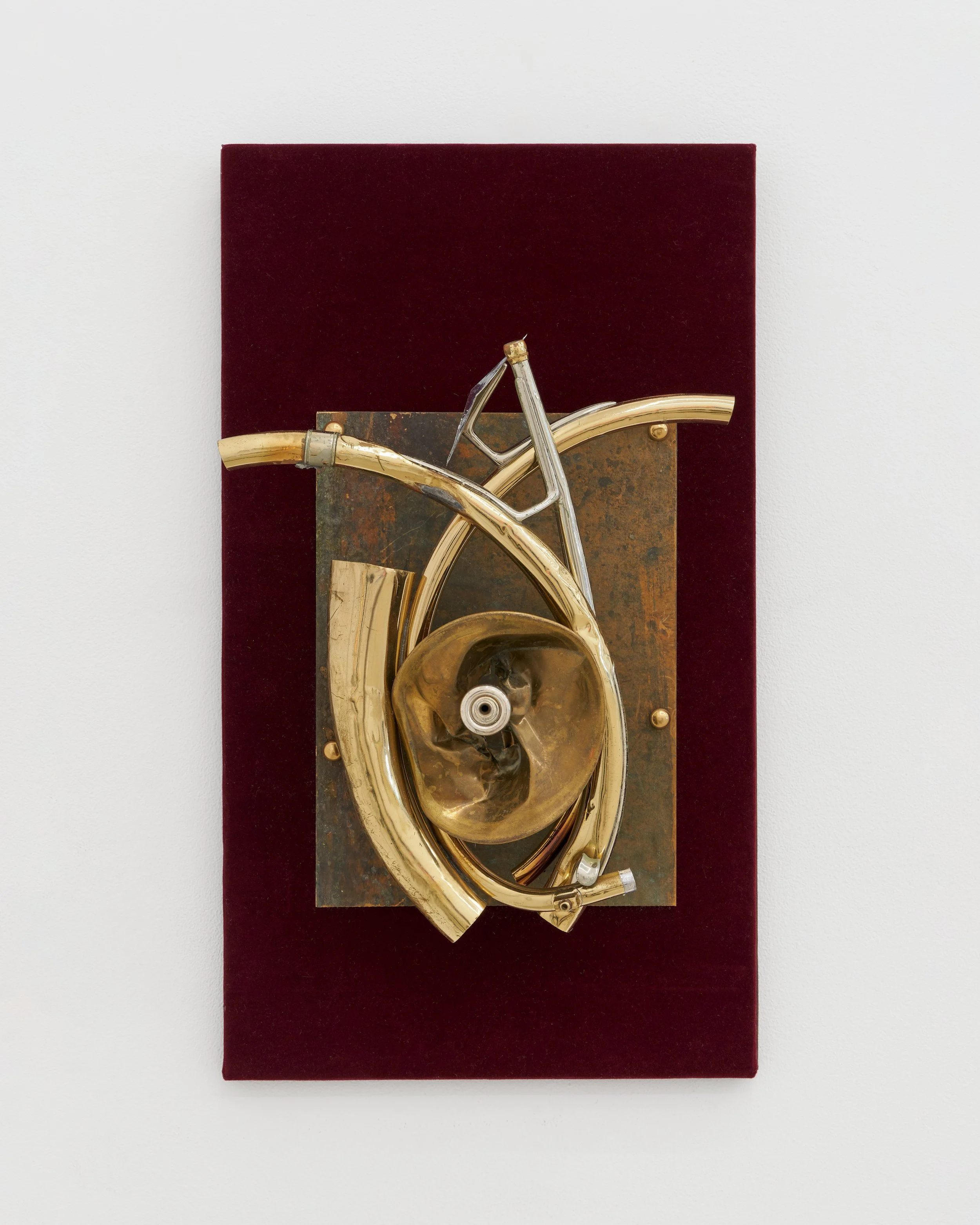 Gozié Ojini, Save Your Breath (Untitled), 2026. Altered brass instruments, velvet. 20 3/4 x 12 x 5 1/2