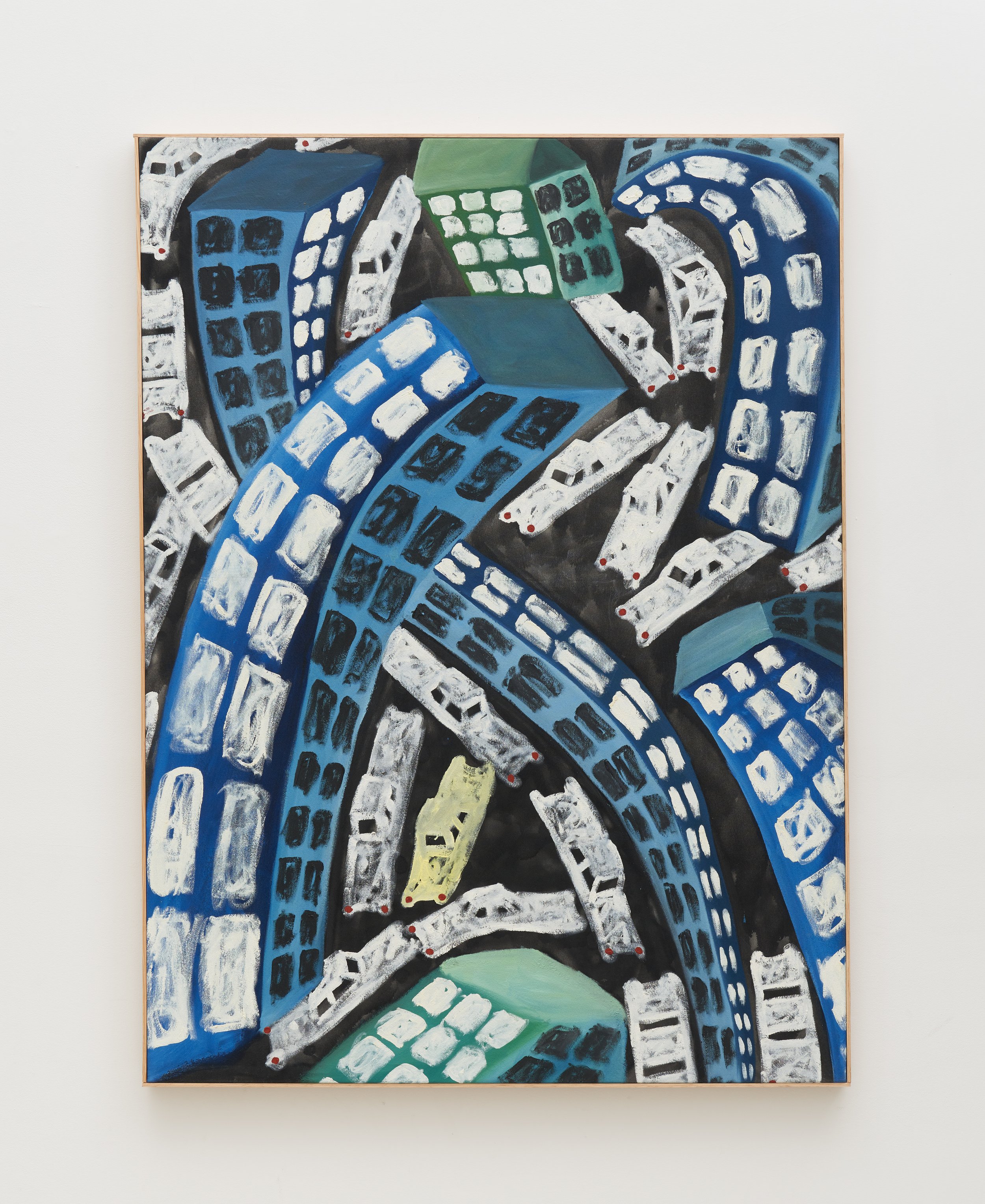 L.W.D., Untitled (Downtown Babylon), 2026. Oil and spray paint on canvas. 54 1/2 x 40 1/2 inches