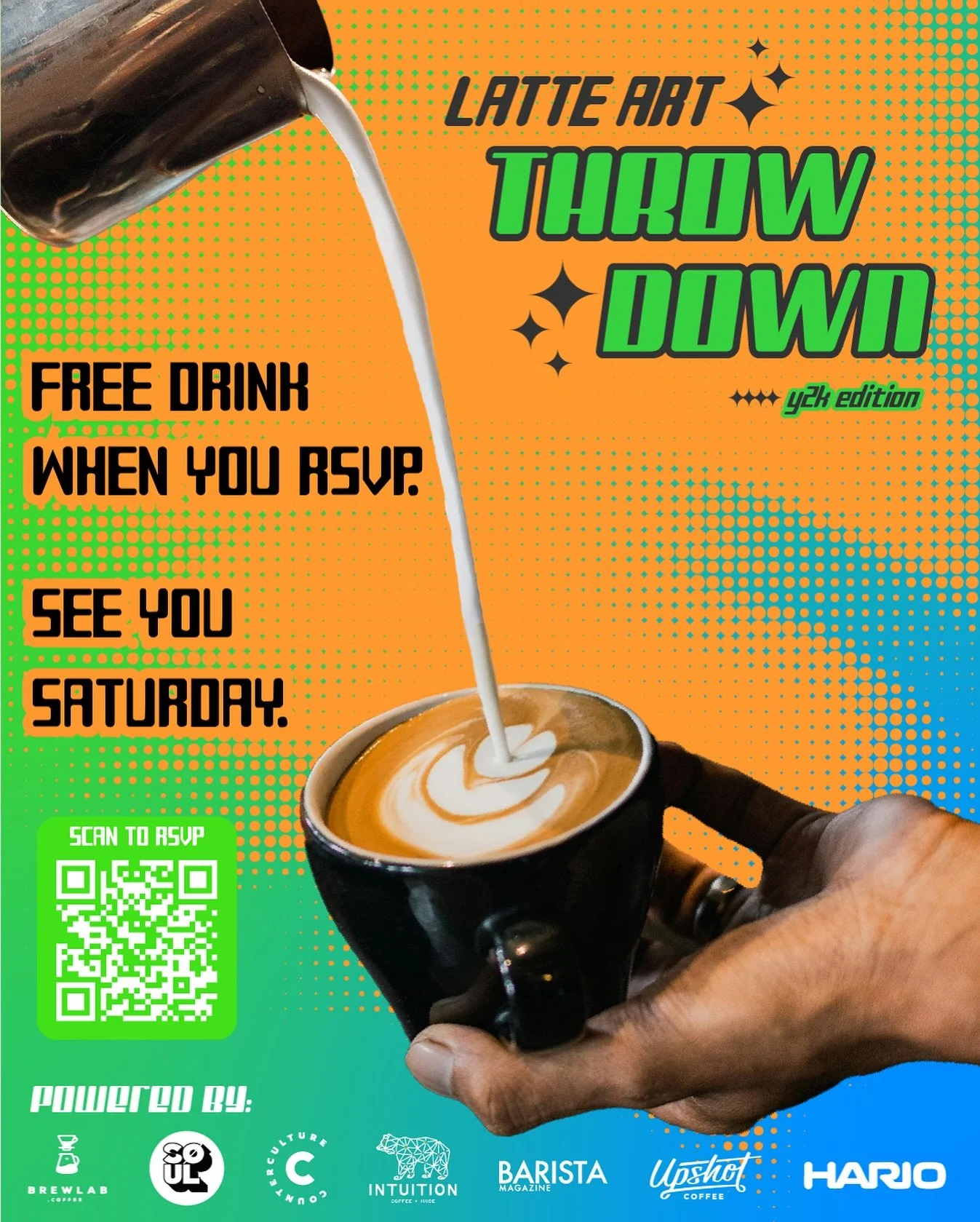 Two days out. Milk&rsquo;s on standby. ⚡️

Latte Art Throwdown IV goes down this Saturday, Nov 8 at our Lodgic location.

Competitors are locked in &mdash; spectators still have time.
RSVP for a free drink ticket and raffle entry &mdash; link in bio.