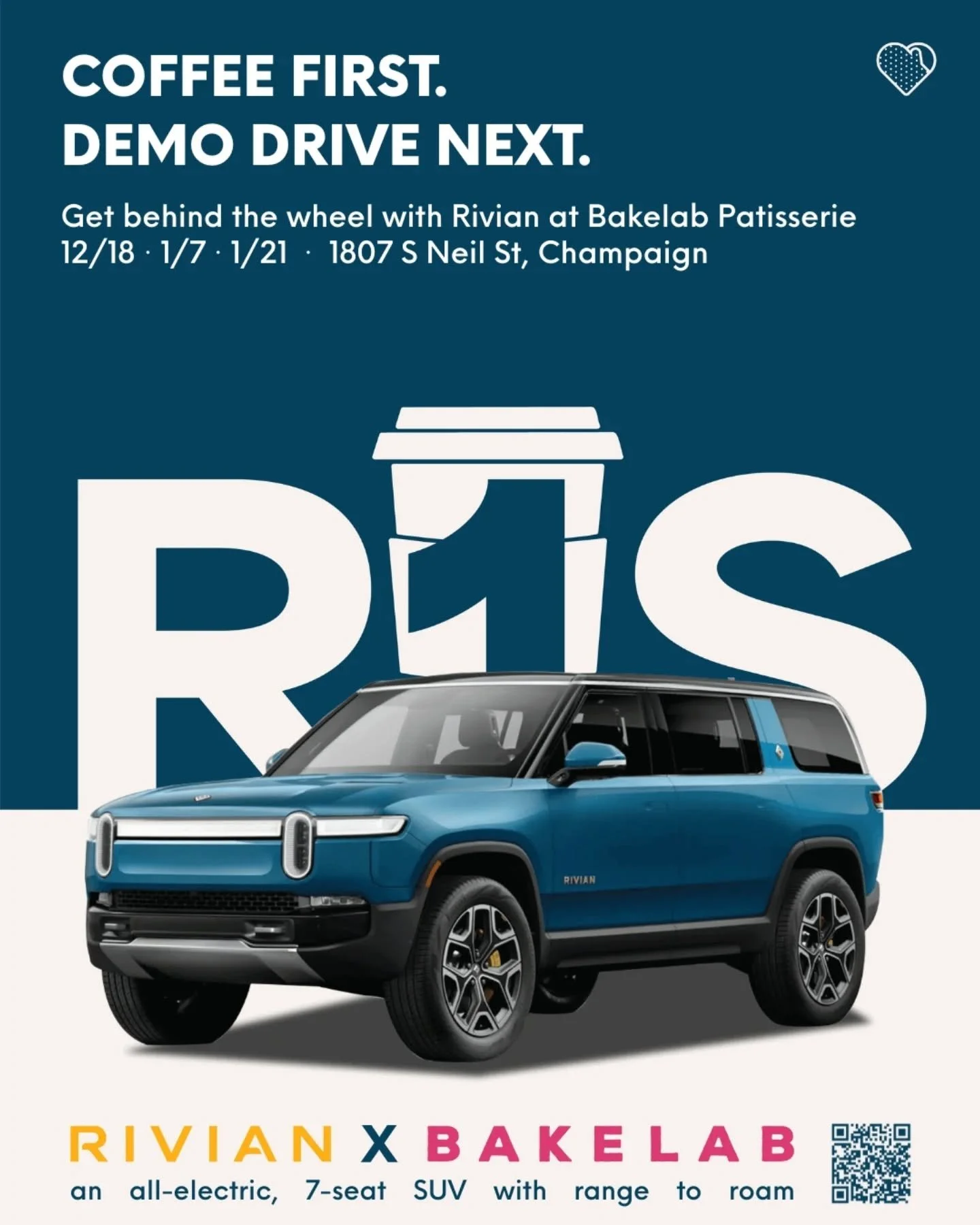 Rivian has pulled up⚡
They're at Bakelab Pattieserie today from 10am &mdash; 5pm. Stop in to explore the vehicle up close, ask questions, and grab your favorite coffee or pastry.
Ready for a demo drive? Sign up through Rivian's website to reserve a s