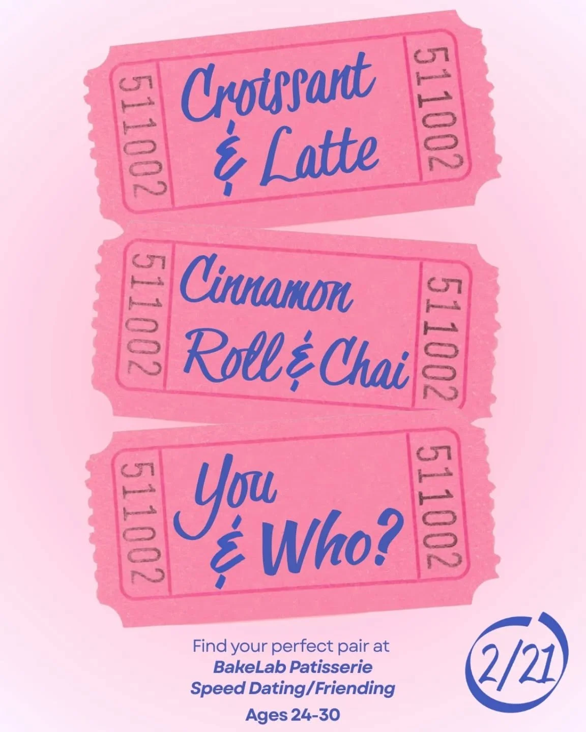 SPEED DATING / FRIENDING AT BAKELAB 

Celebrate the season of love (whether romantic, platonic, or just a love for a complimentary latte) at Bakelab Patisserie's perfect pairings speed dating/friending! Answer a short questionnaire at sign up and we 