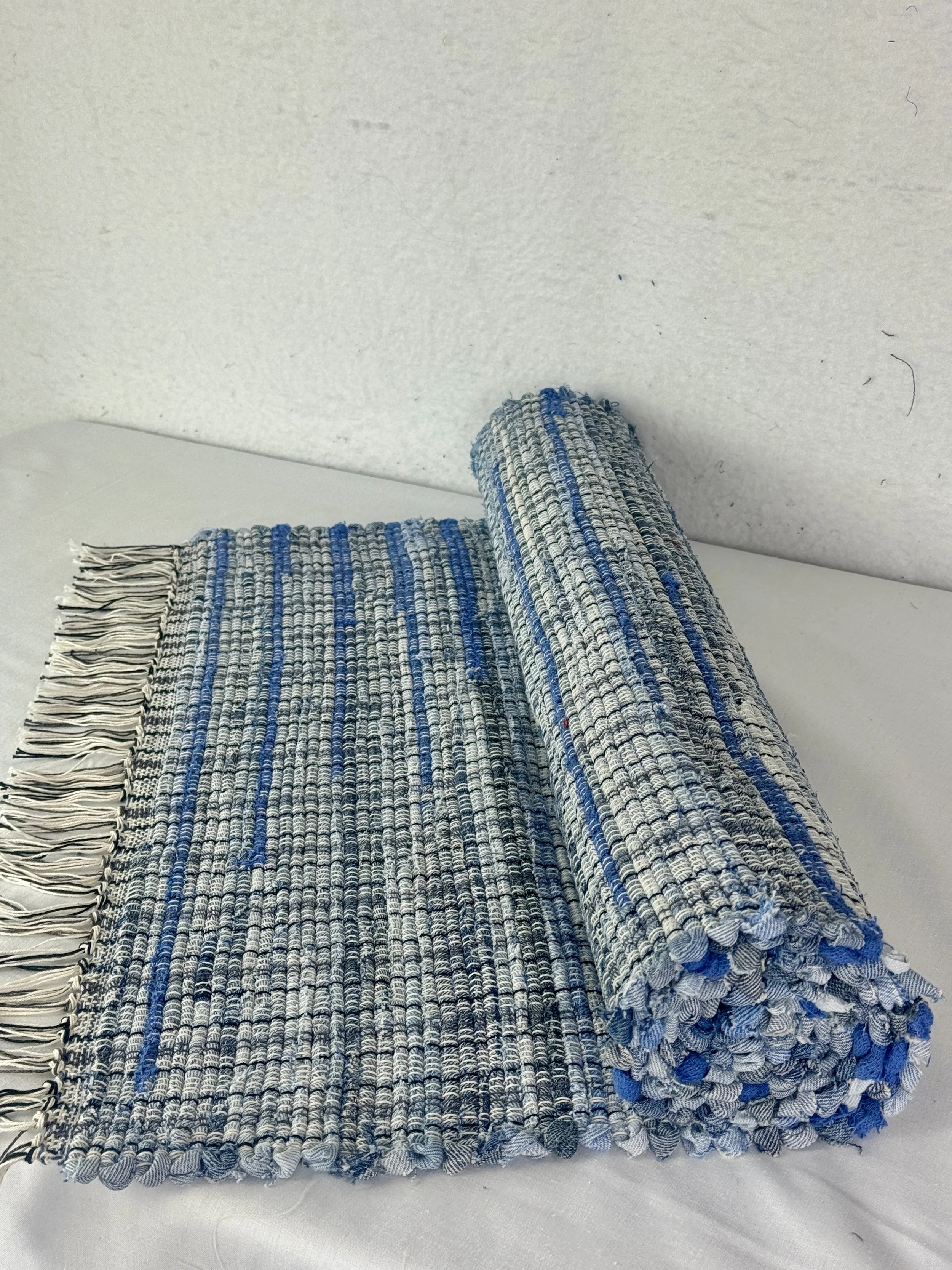 Handwoven denim rag rug 25 x 69 woven with recycled blue jeans