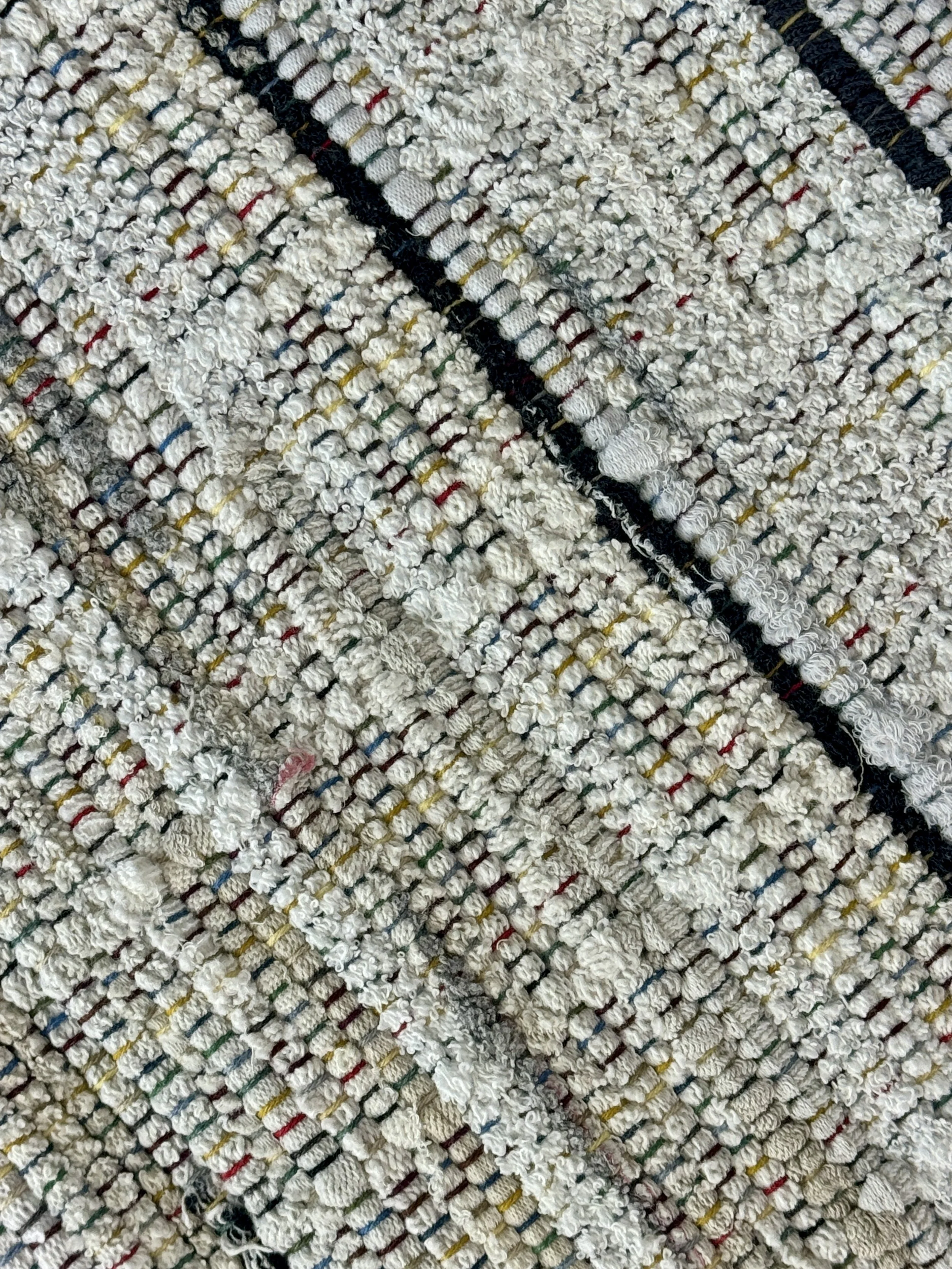 Close up handmade rag rug featuring texture and weave pattern of recycled socks