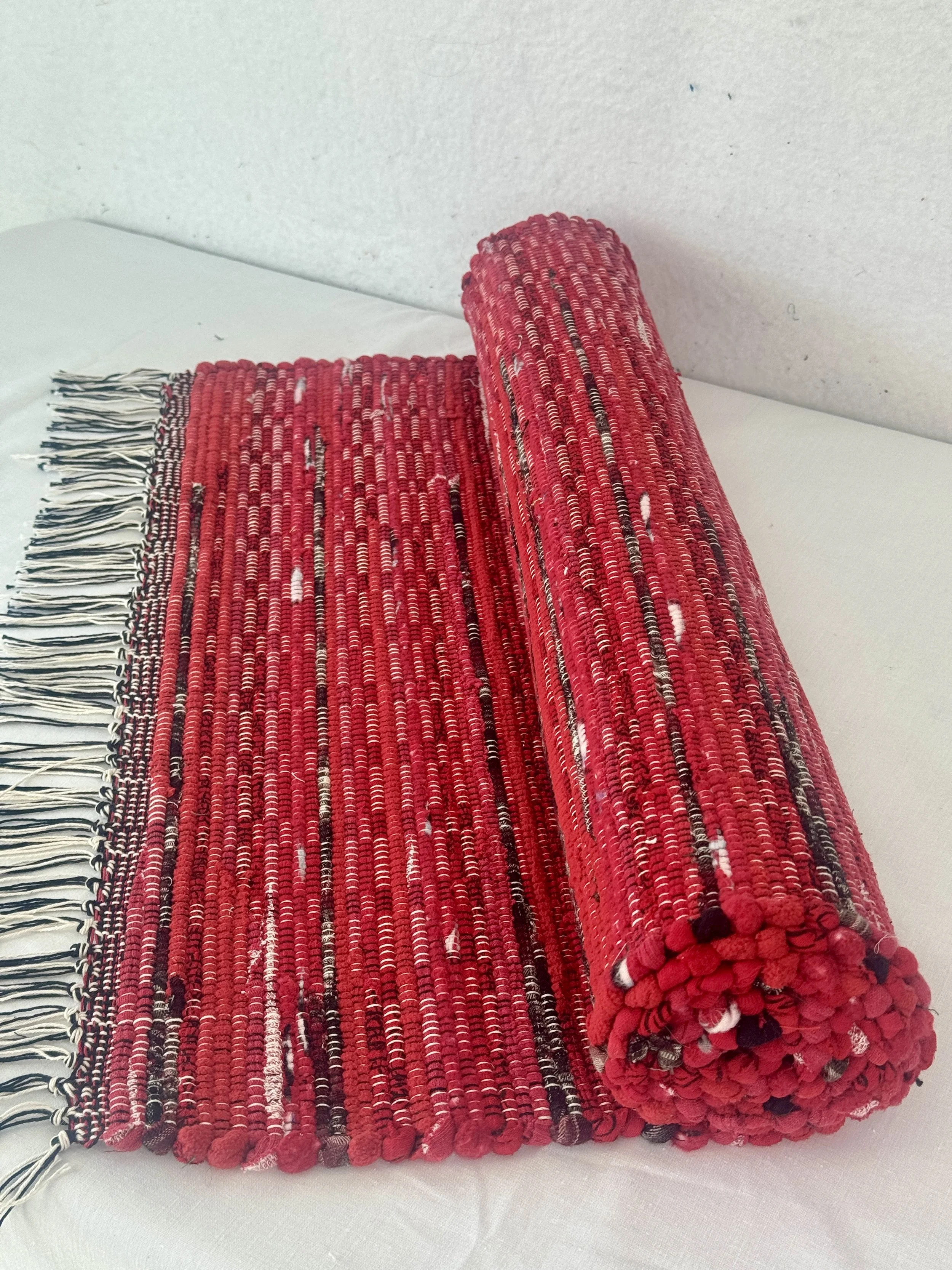 Handwoven red rag rug 25 x 62 woven on 2 harness floor loom