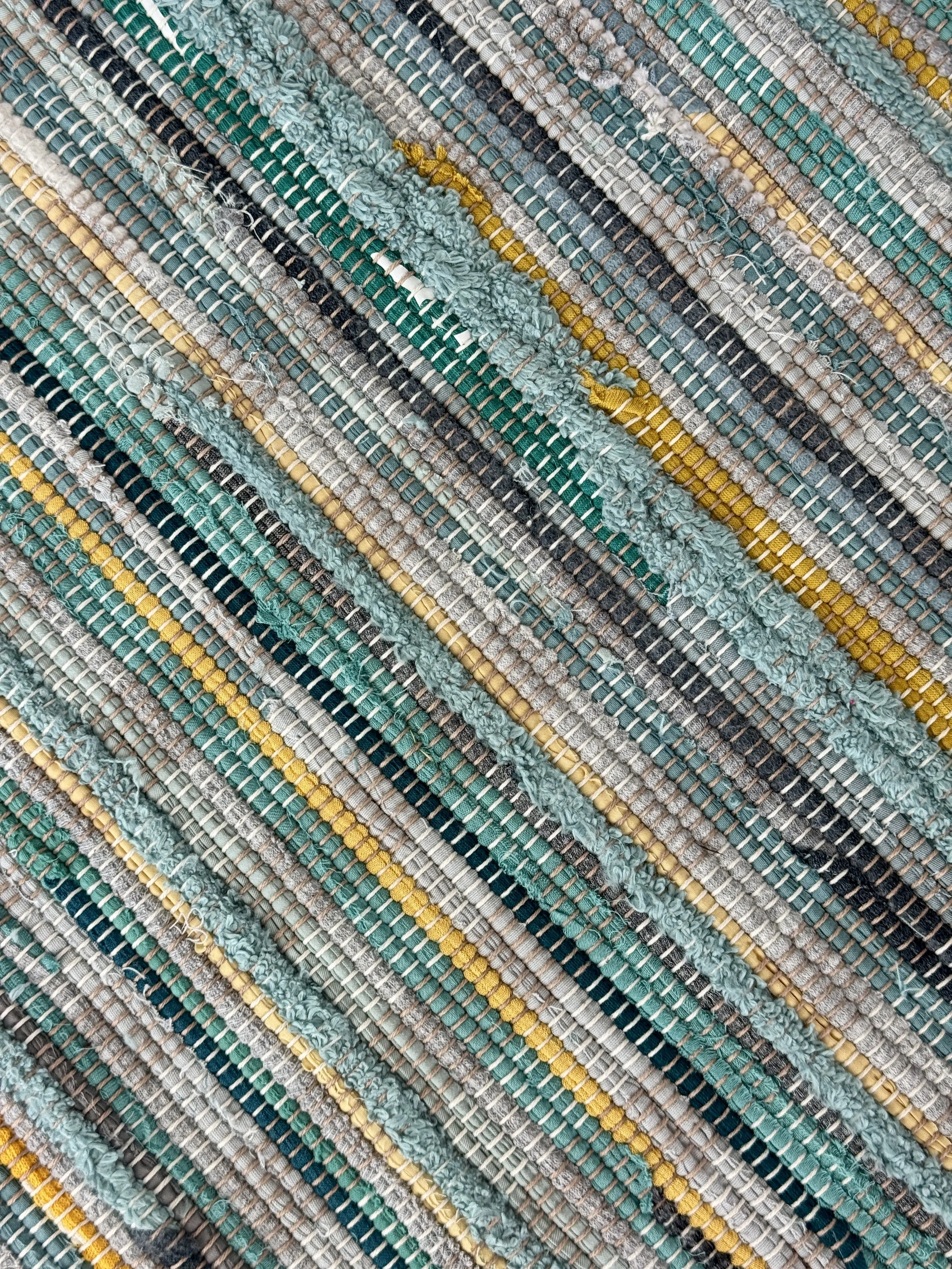 Close up handmade rag rug featuring texture and weave pattern