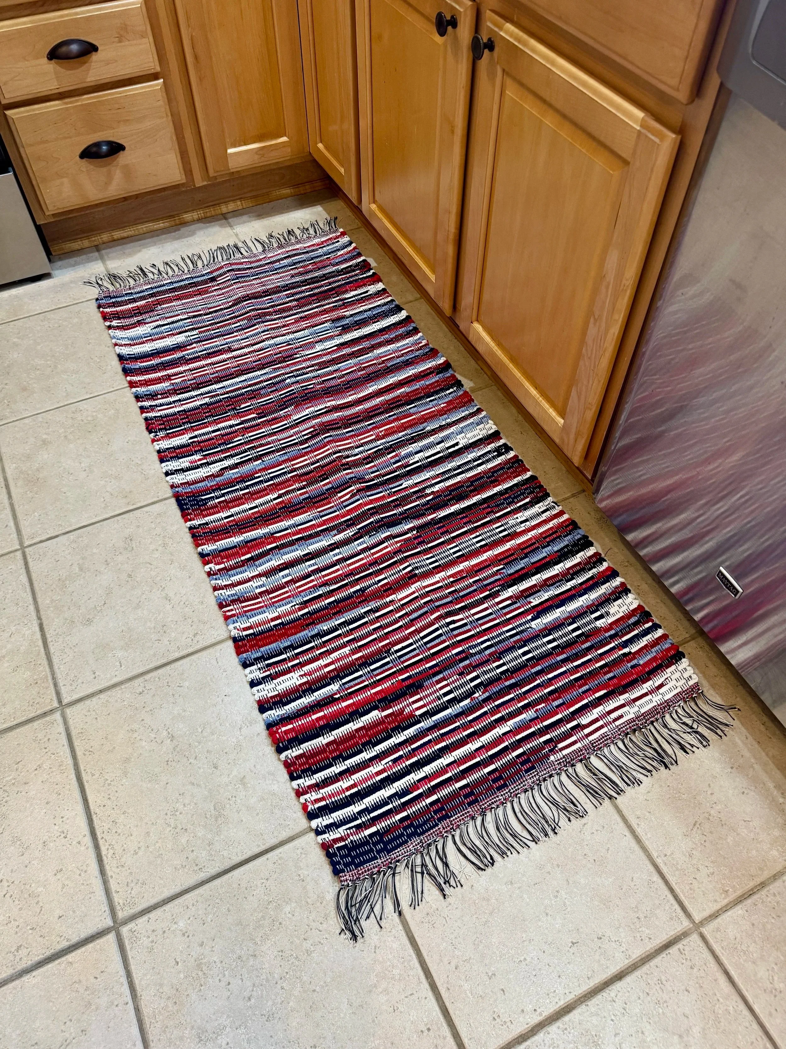 Rag rug displayed in kitchen showing pattern