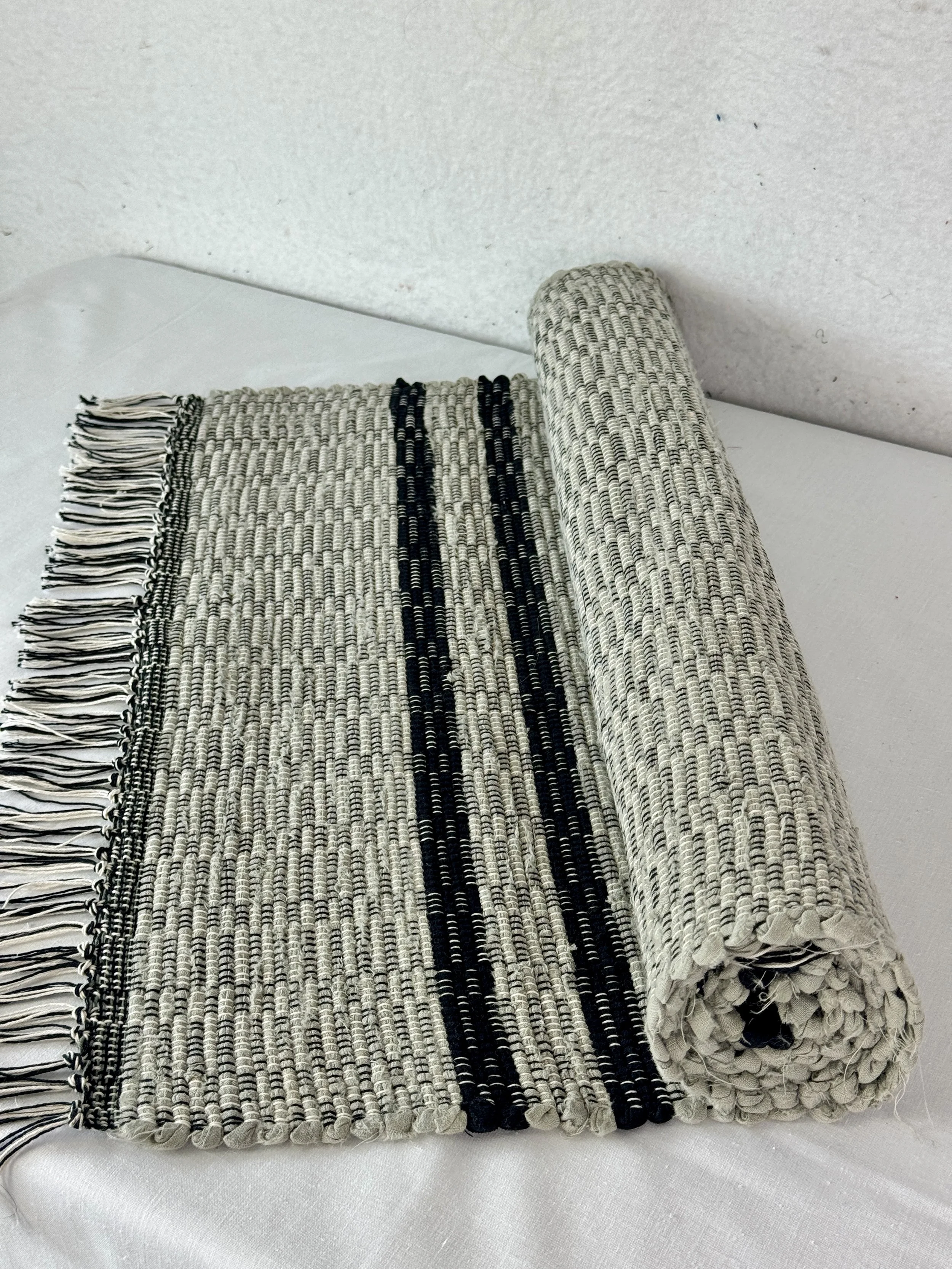 Handwoven gray rag rug runner 25 x 59 woven with recycled textiles