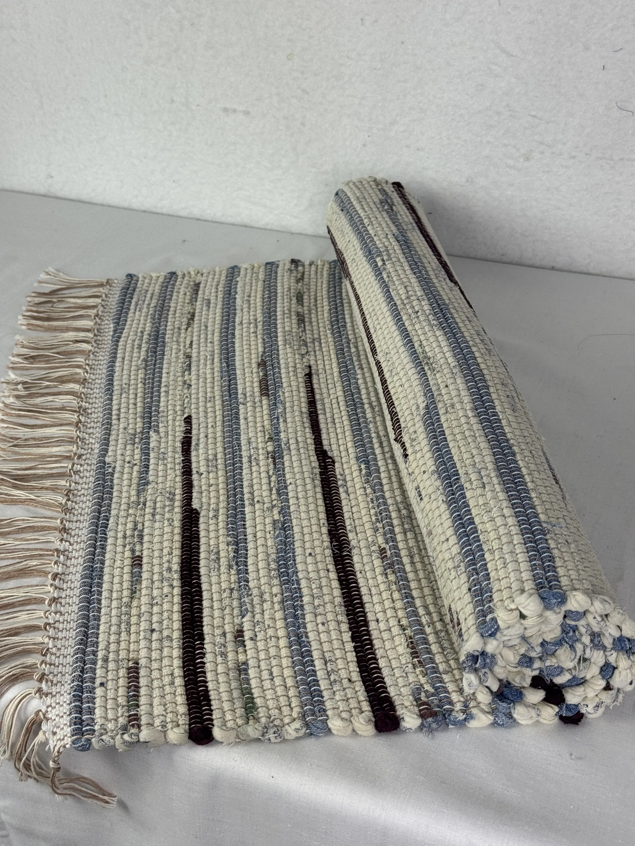 White, Denim Blue, Maroon Handwoven Rag Rug Runner 25 x 59