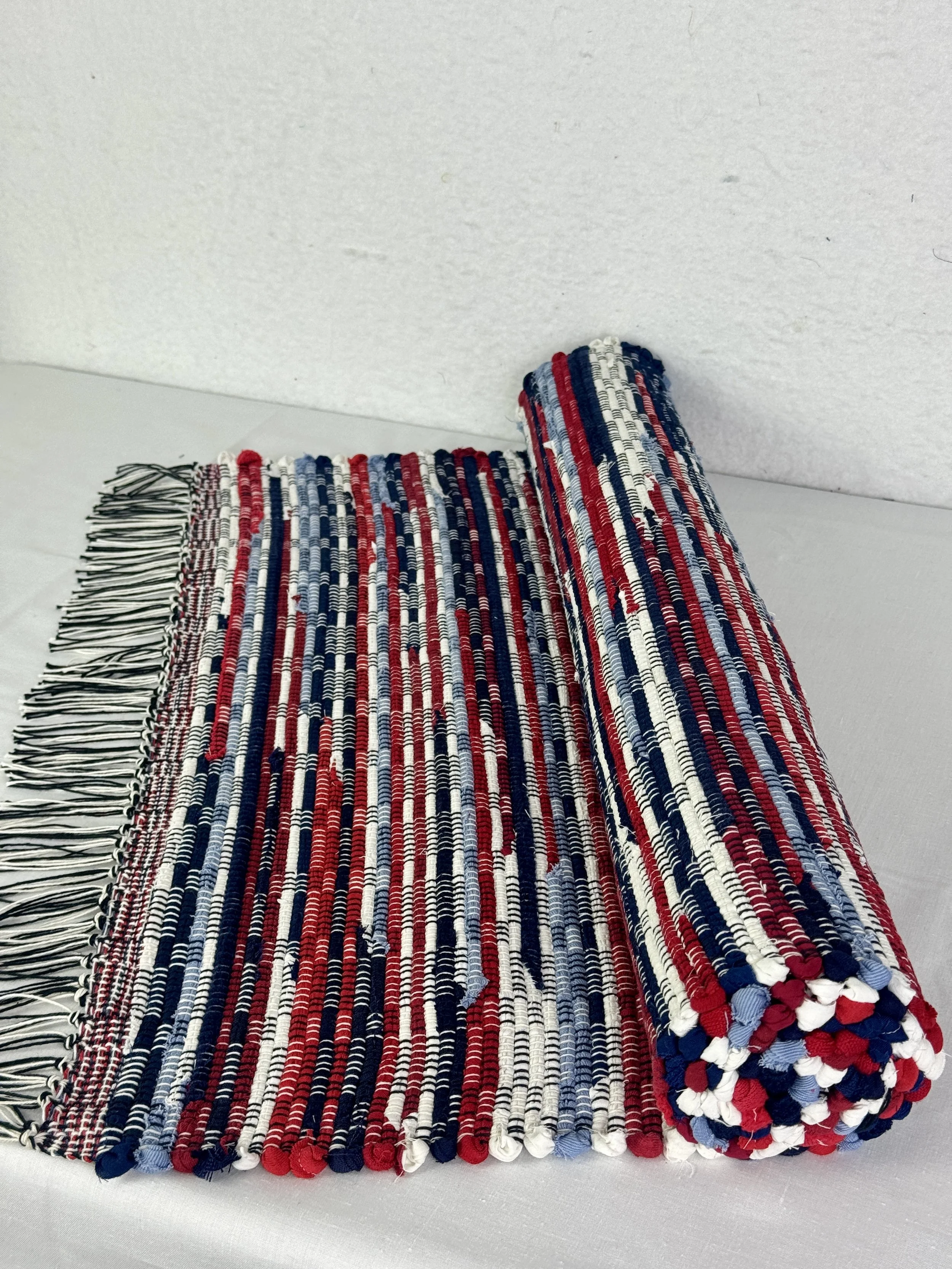 Blues, Red, White Handwoven Rag Rug  Runner 25 x 55