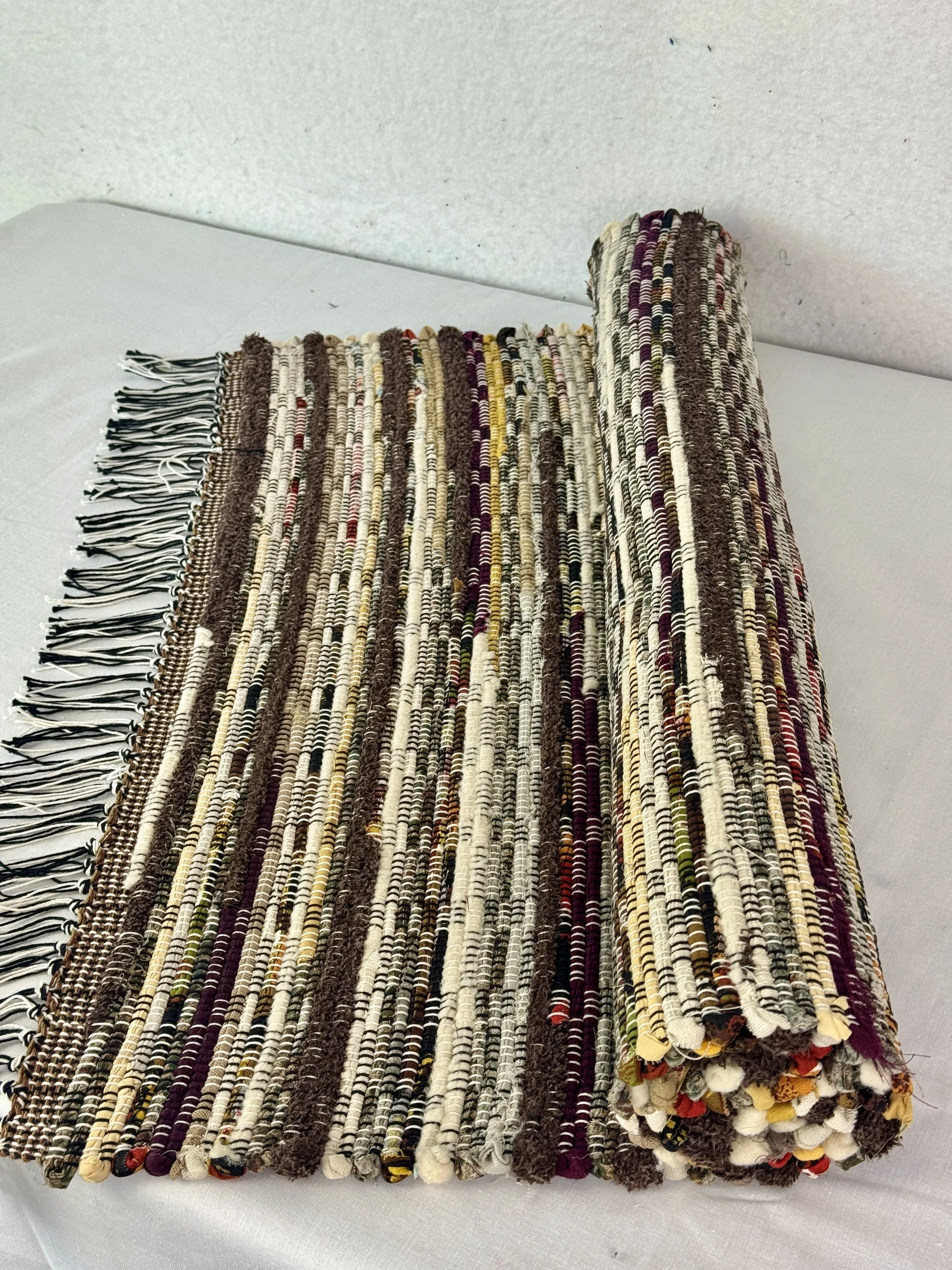 Earthtone handcrafted rag rug 25 x 51 woven on loom