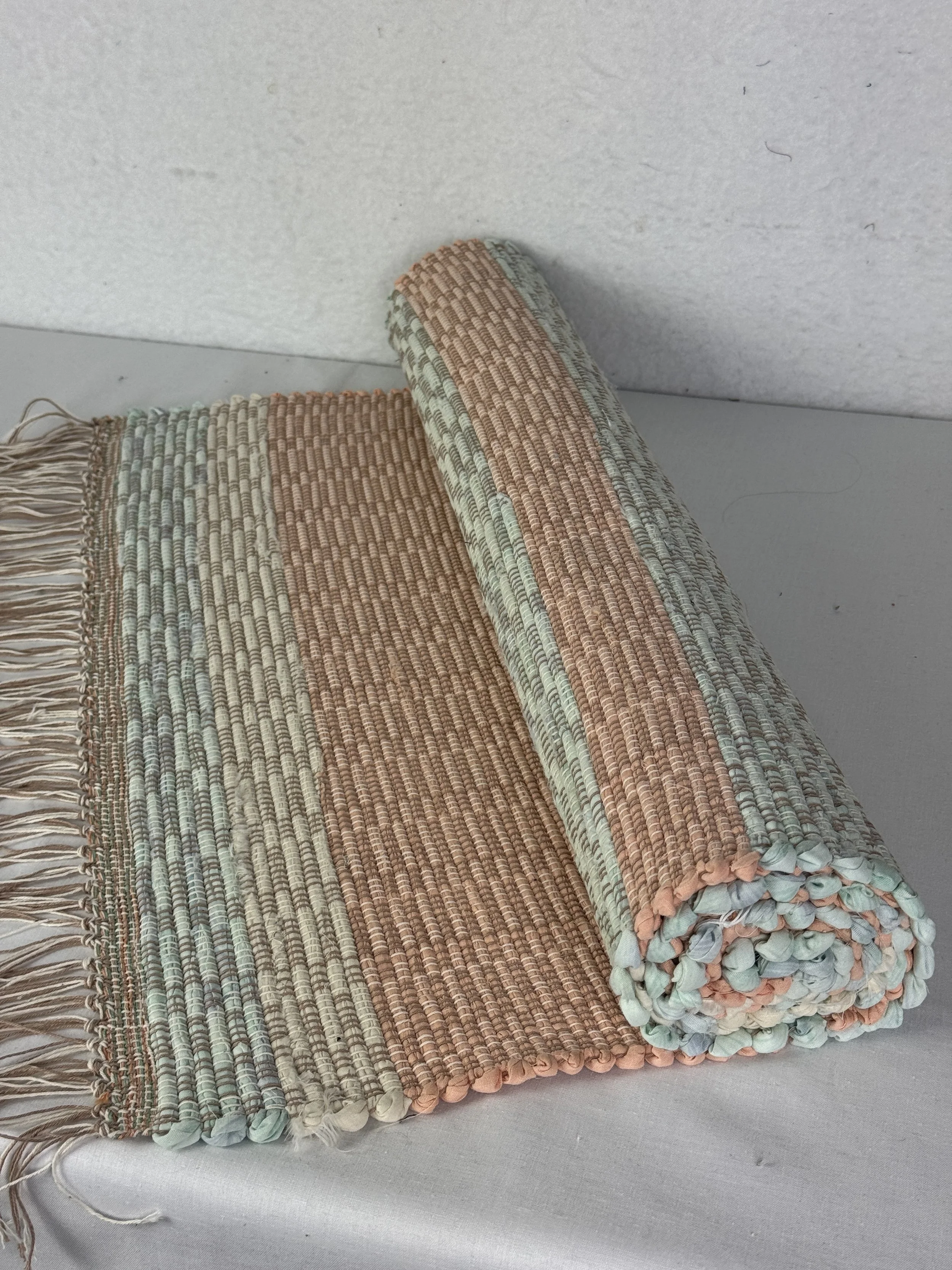 Peach, Cream, Mint Green Handwoven Rag Rug Runner 25 x 77