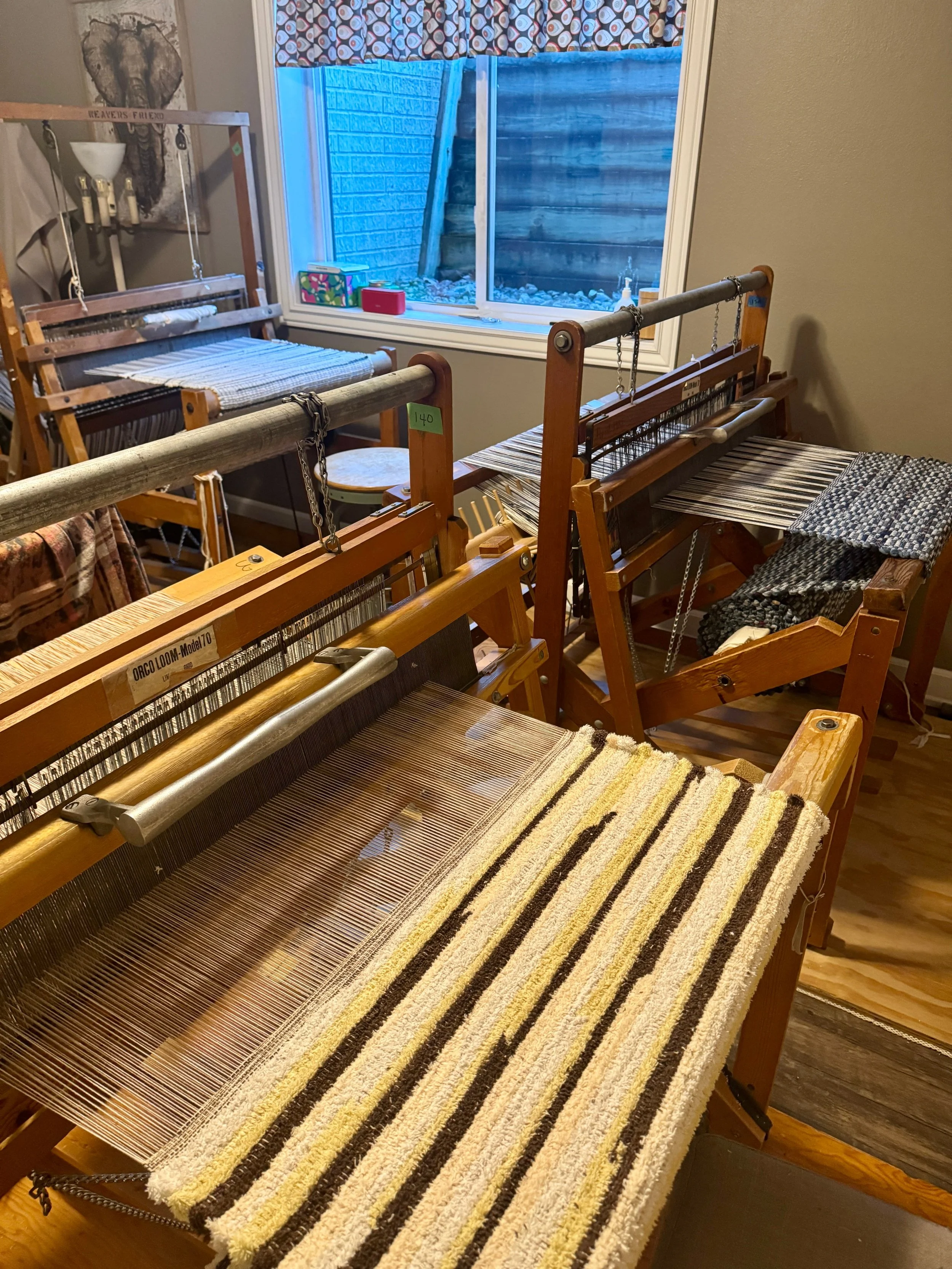 Wooden 2 harness loom used to weave reclaimed textiles