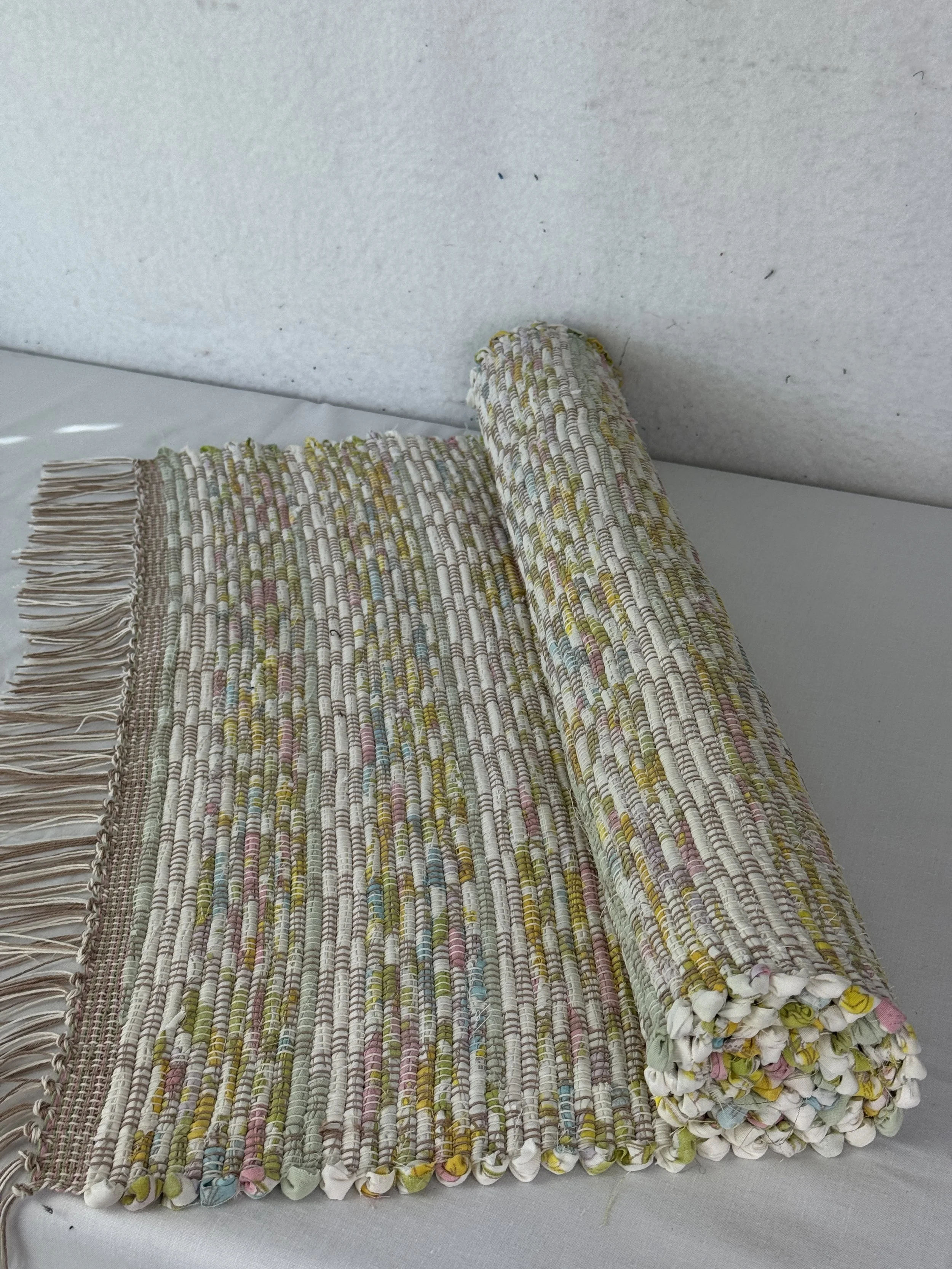Pastel green, pink, yellow, cream handwoven rag rug Runner 25 x 51