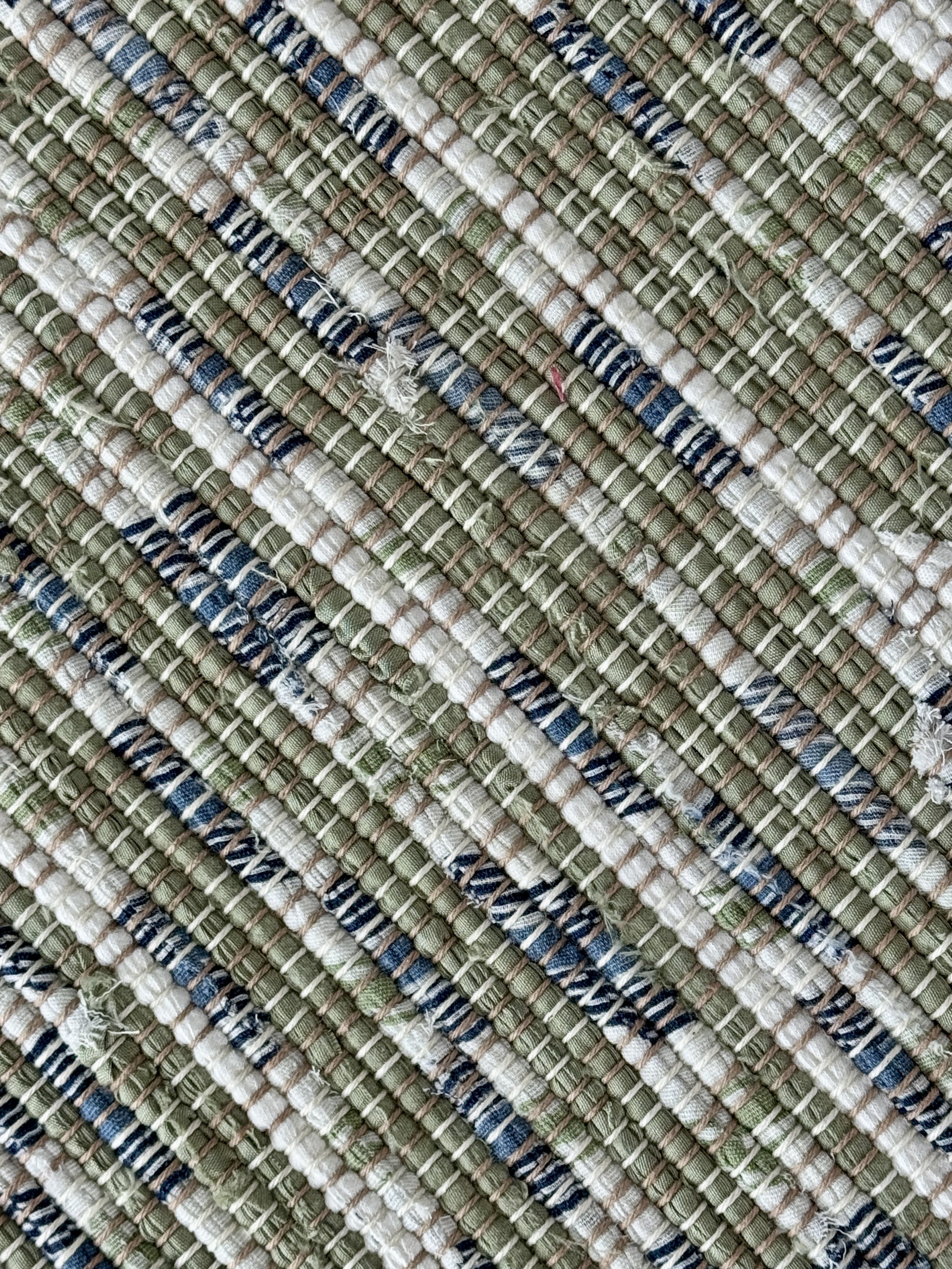 Close up handmade rag rug featuring texture and weave pattern