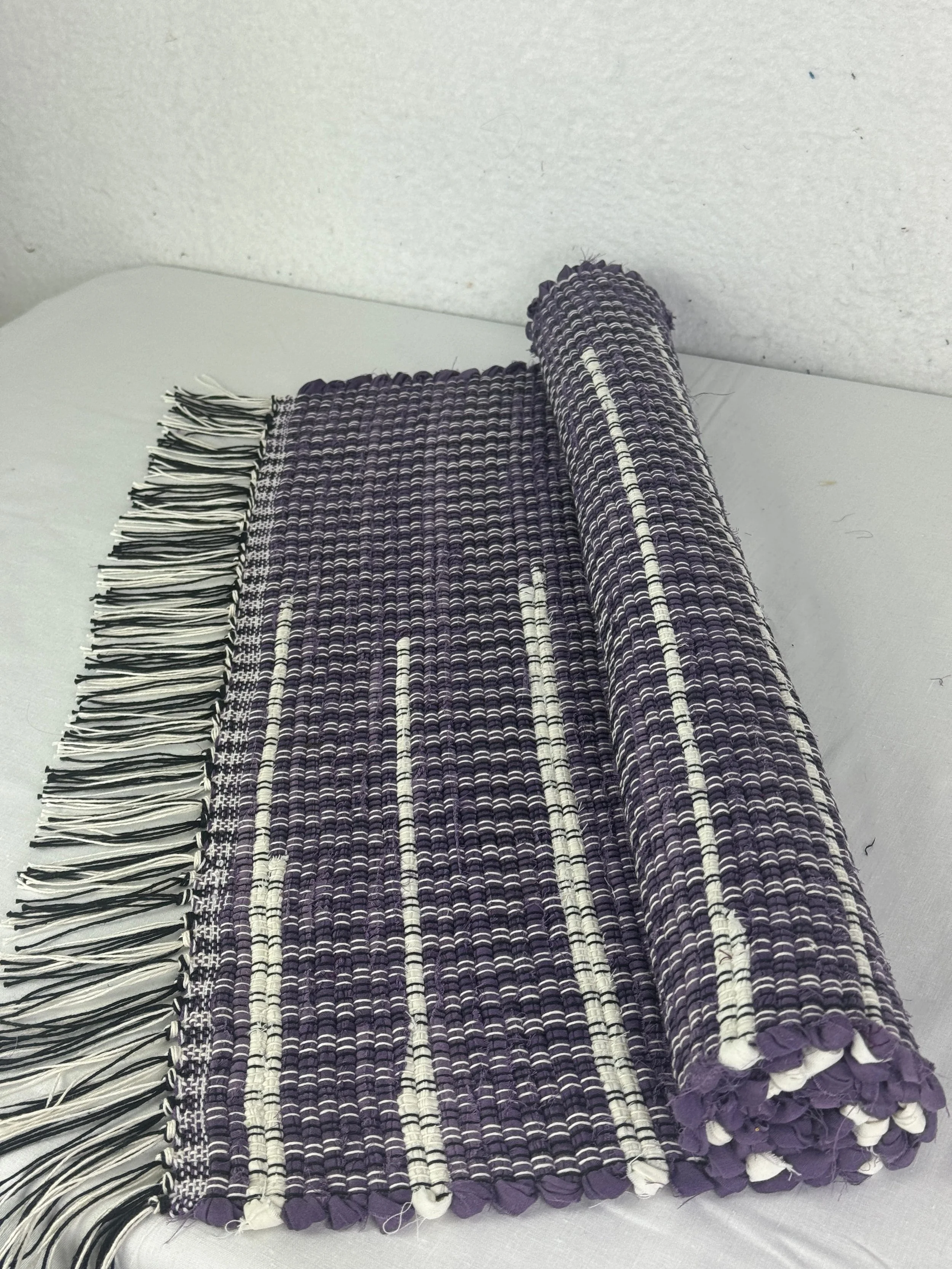 Purple/White handwoven rag rug 25 x 31 inch recycled cotton blends handmade rug