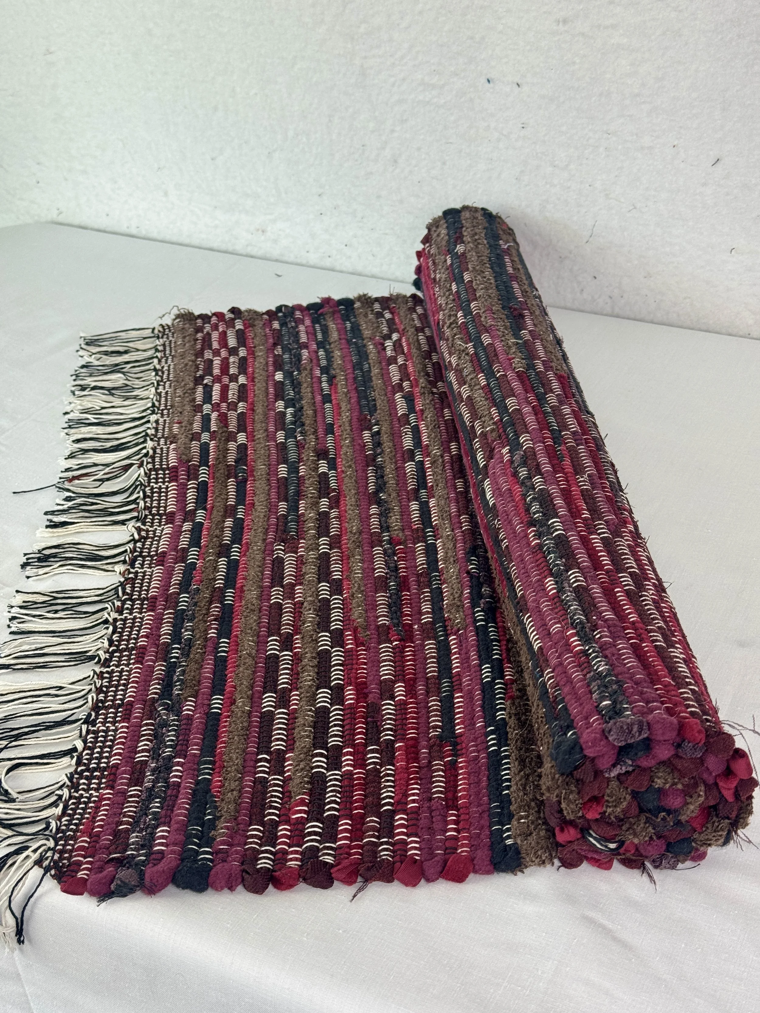 Handmade rag rug runner black, brown, maroon 25 x 40