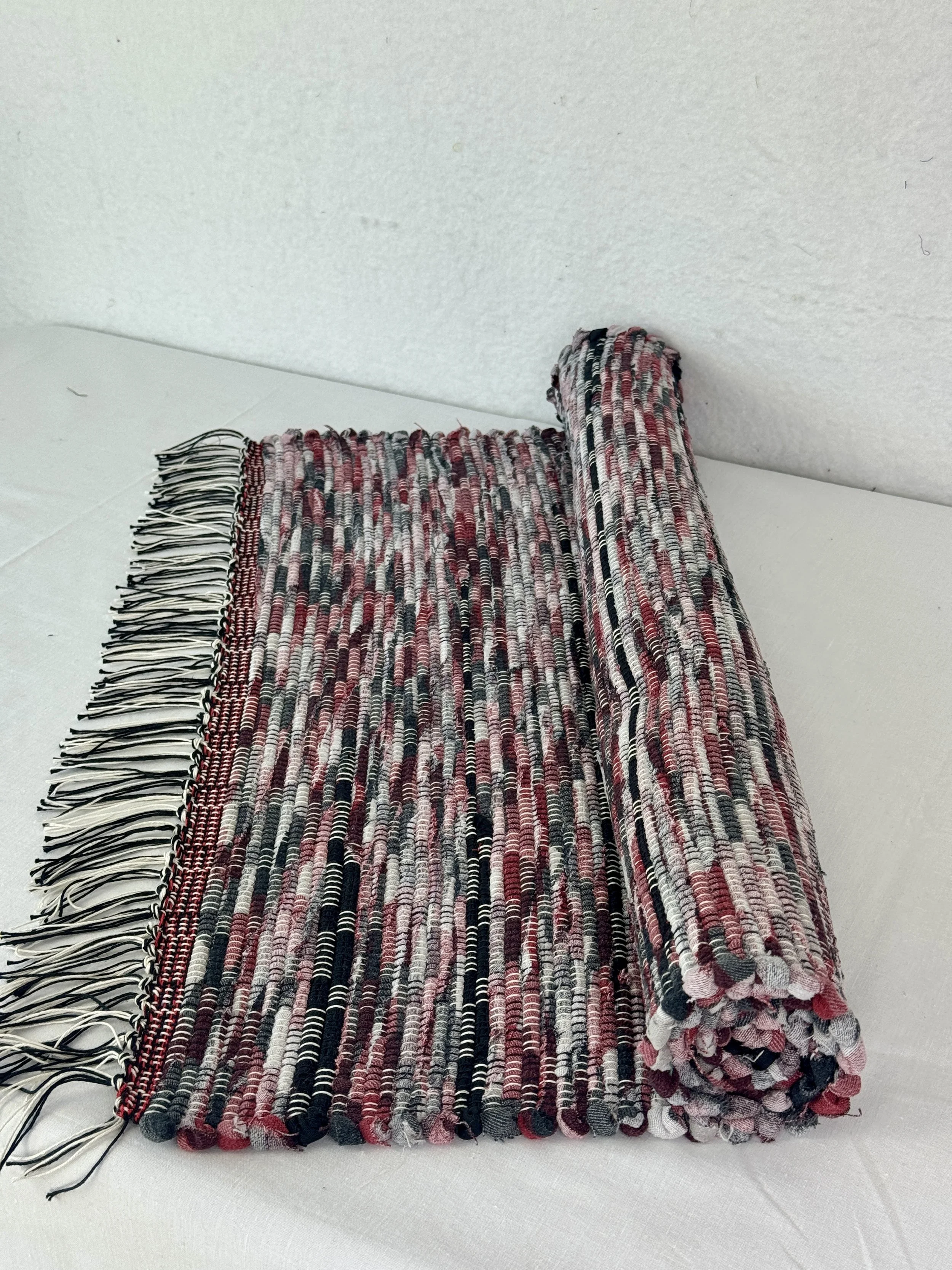 Handwoven rag rug made from upcycled cotton blend textiles 25 x 41