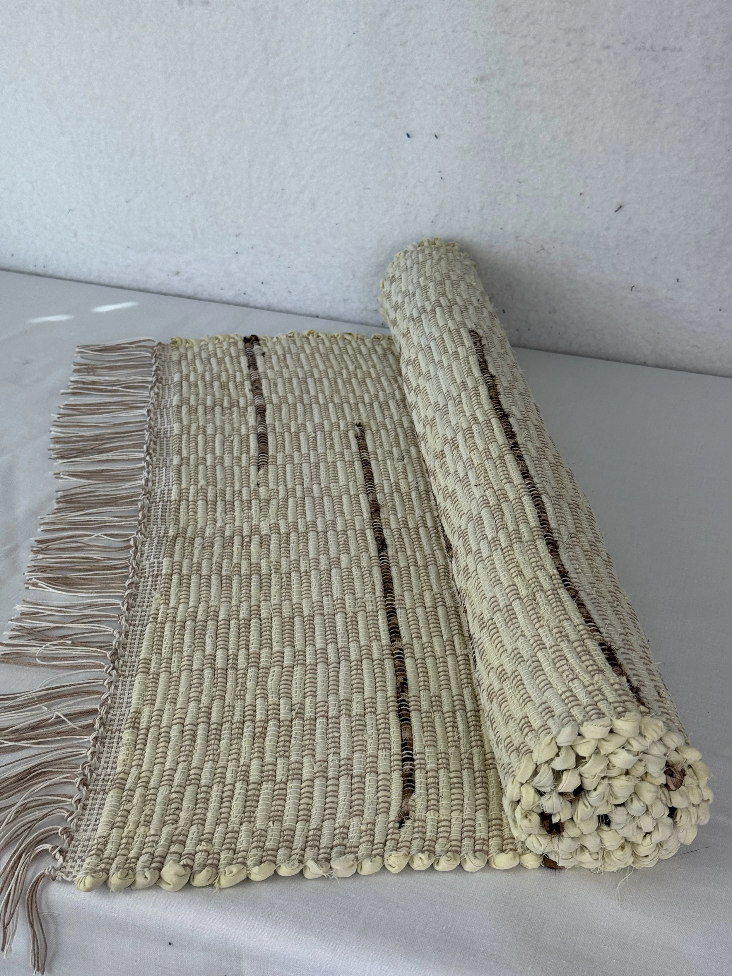 Cream w/Brown Accents Handwoven Rag Rug Runner 25 x 33