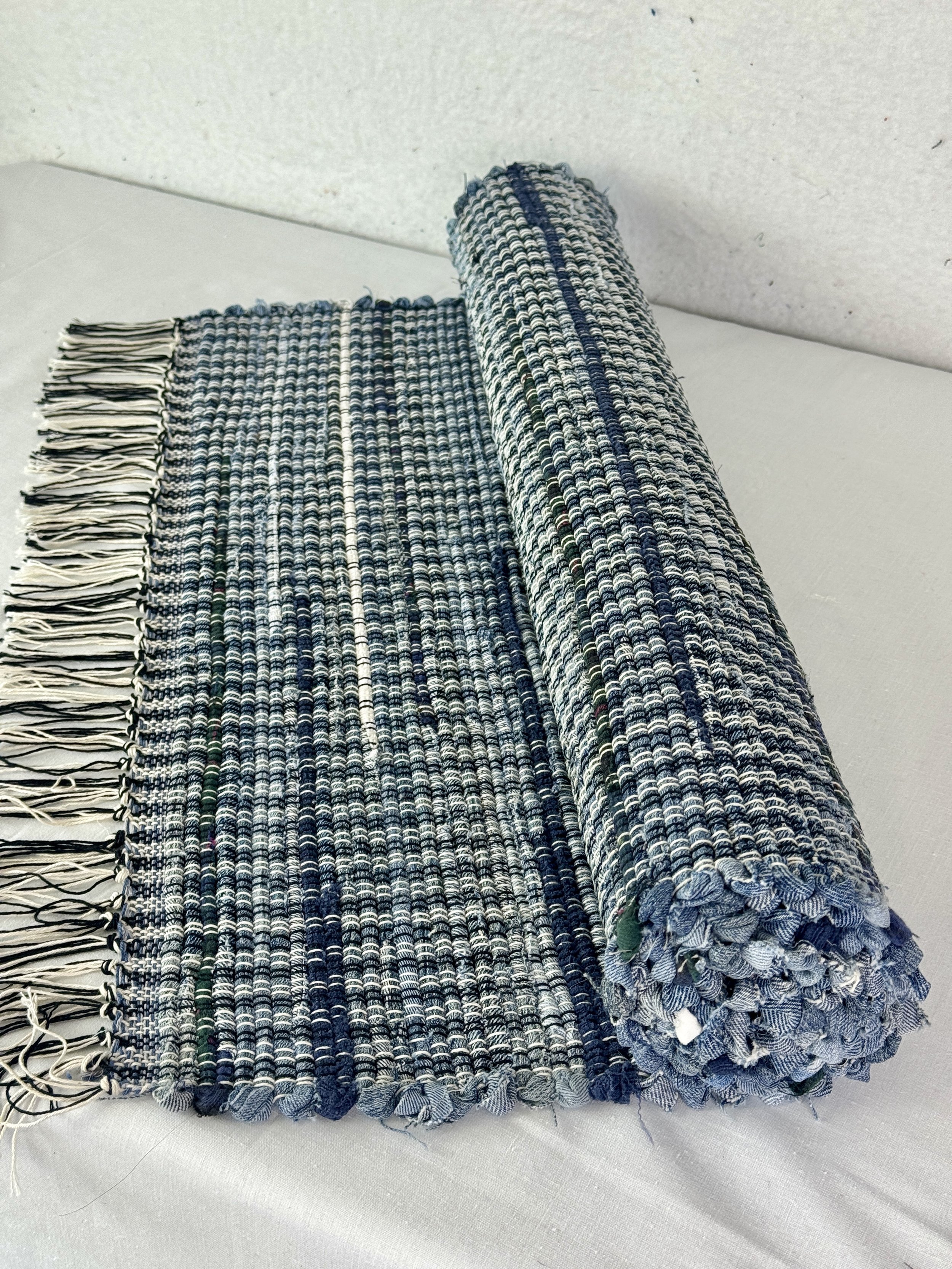 Handwoven denim rag rug 25 x 56 woven on 2 harness wooden loom