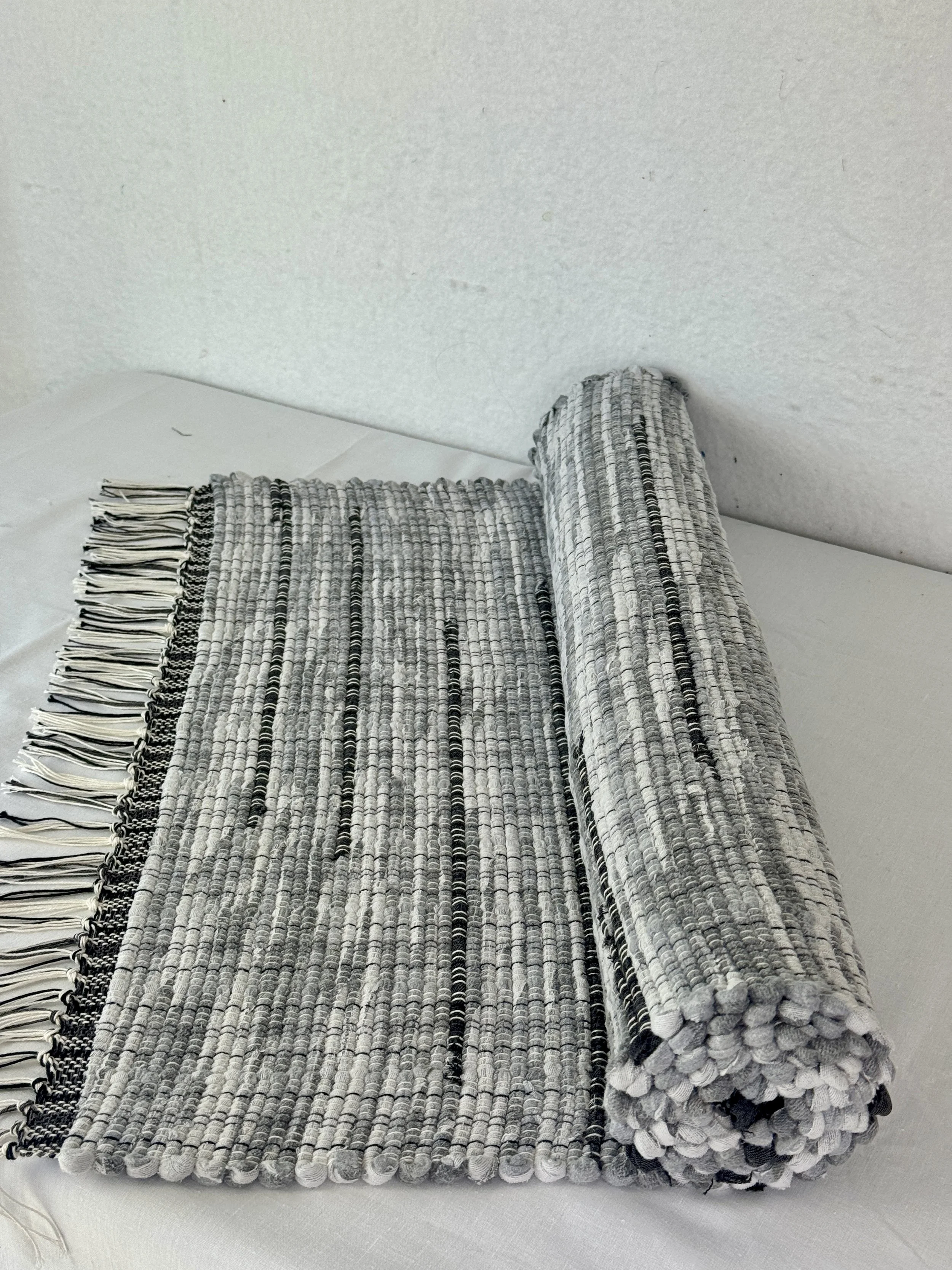 Handwoven gray rag rug runner made from upcycled materials