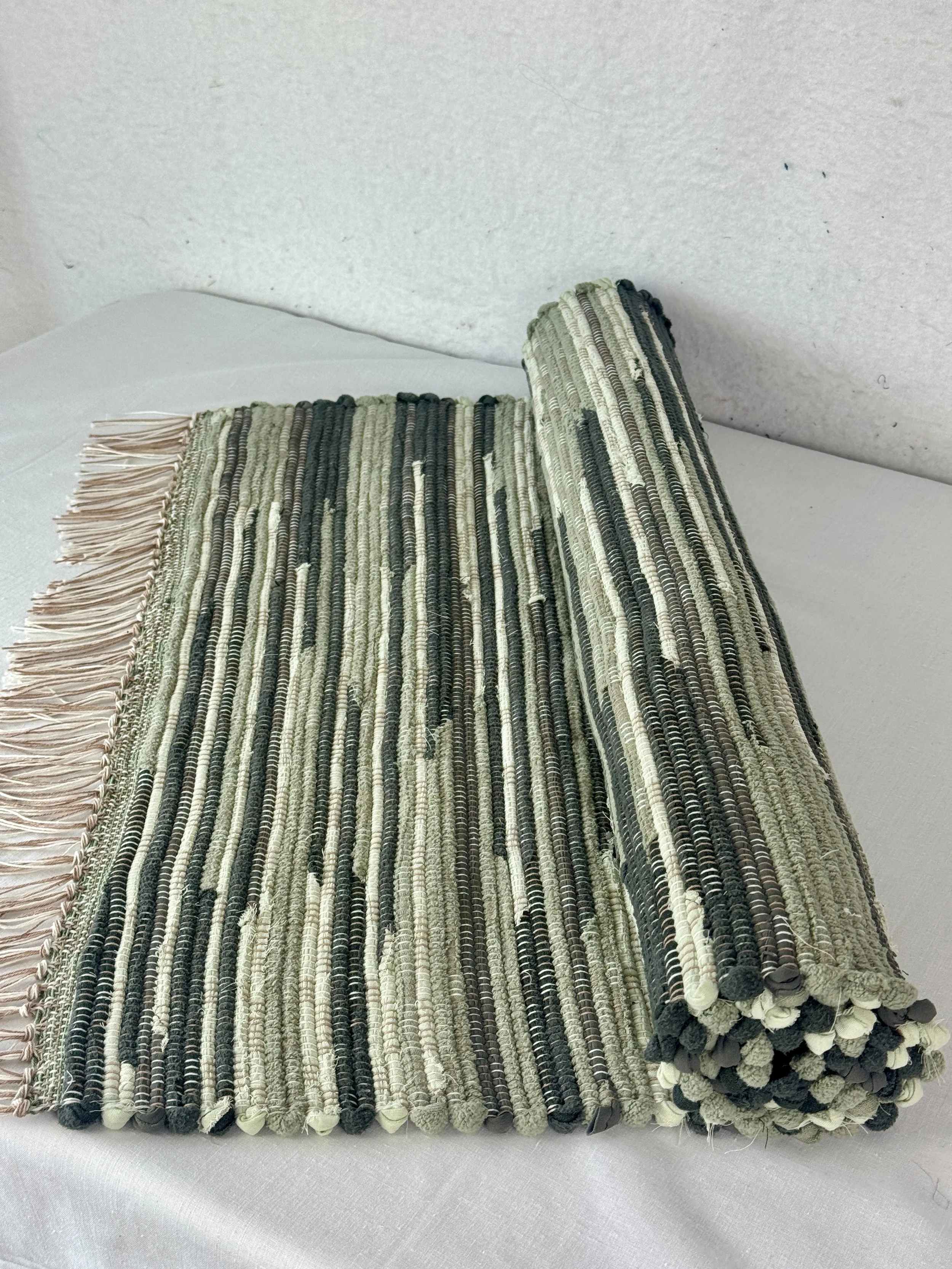 Handwoven Green Rag Rug Runner woven with recycled textiles