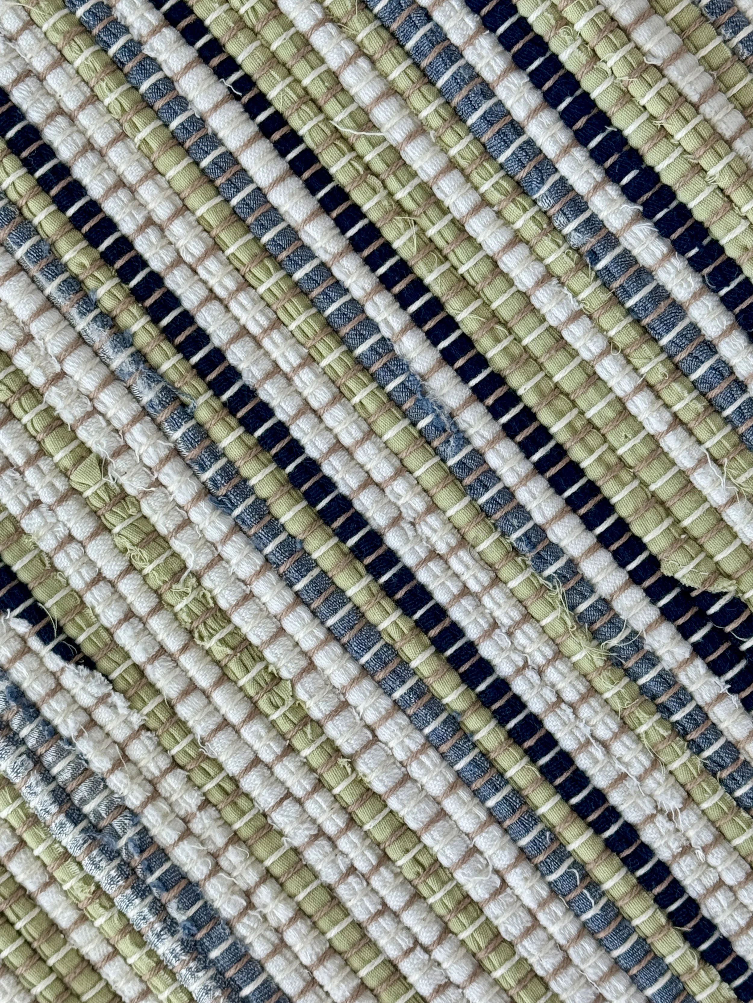 Close up handmade rag rug featuring texture and weave pattern of recycled denim