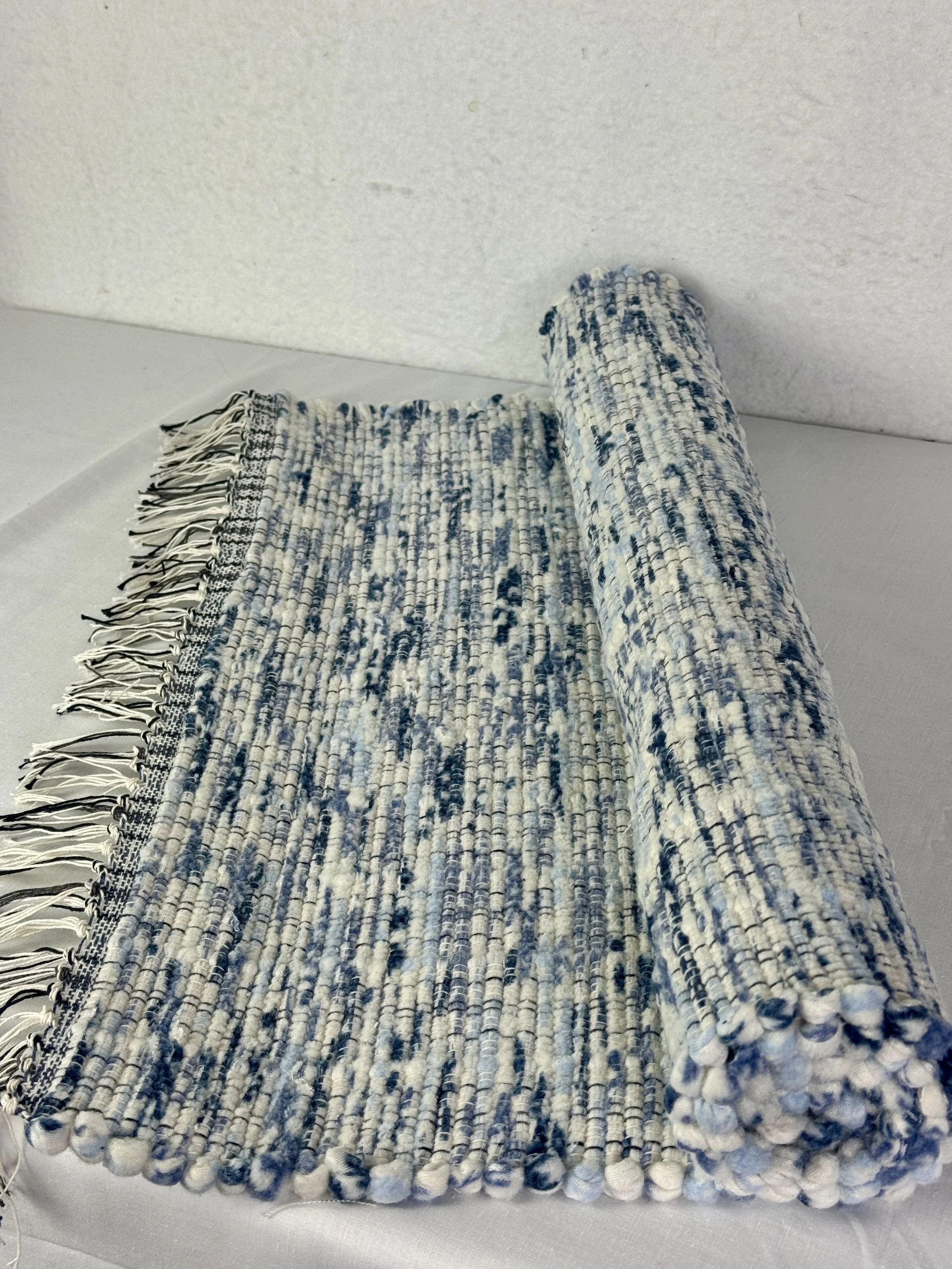 Navy and White Handwoven Rag Rug Runner 25 x 46