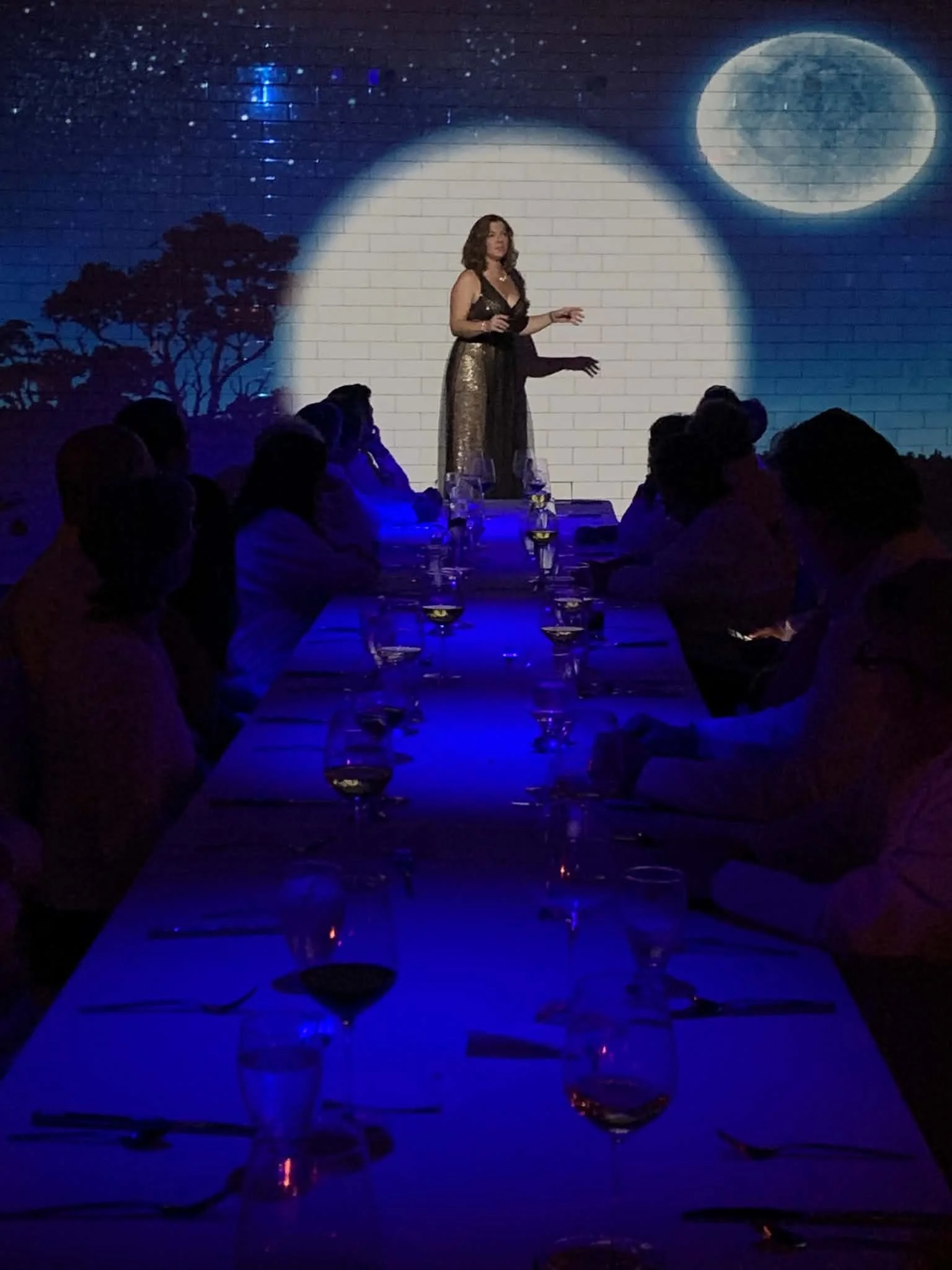 A live performer captivates guests from the center of the communal table as projection mapping transforms the evening into an unforgettable shared experience.