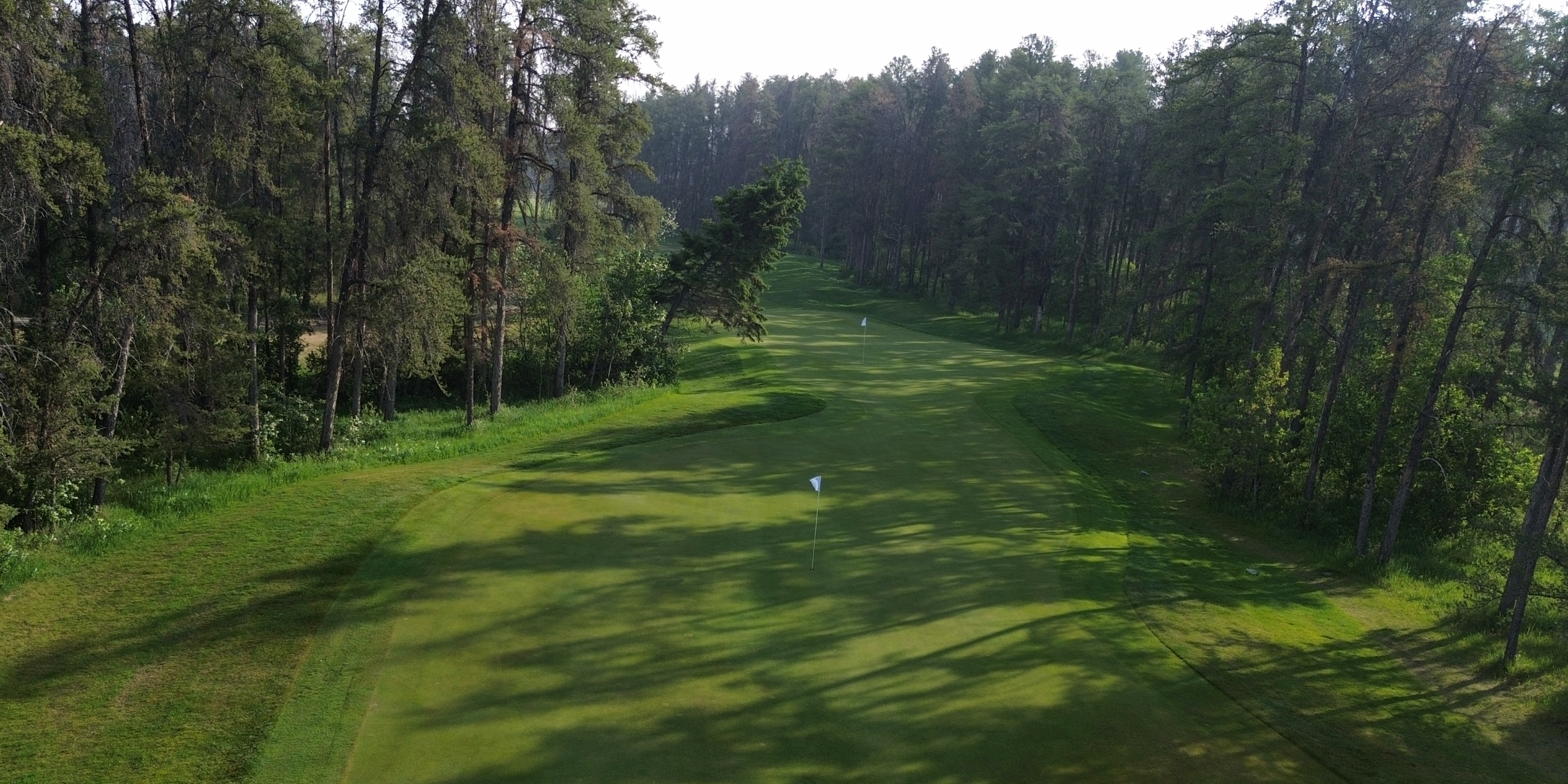 A golf course fairway surrounded by trees with a visible flag marking the hole.
