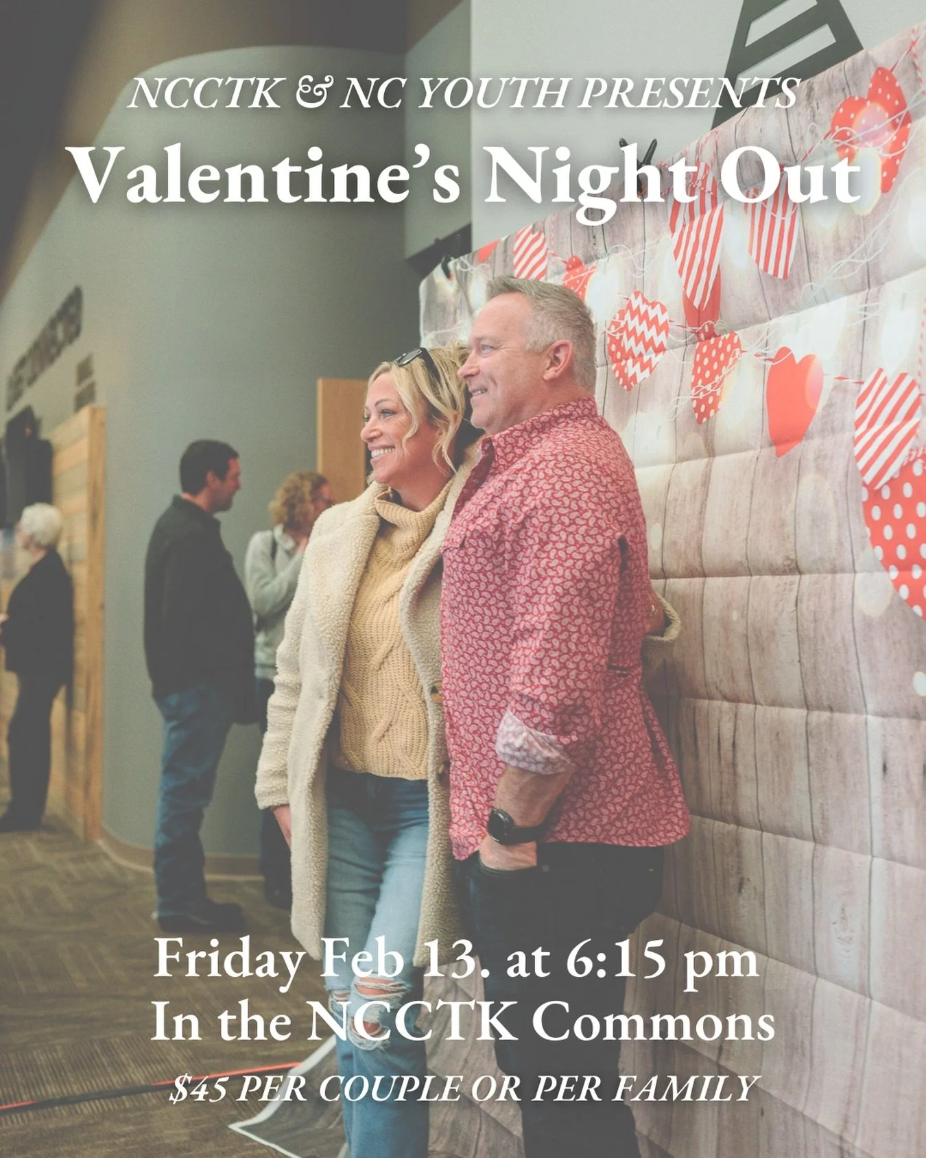 Valentines Night Out? We got you! 💌

Drop your kids (Birth-12yrs) off and enjoy a meal with your spouse or friends while supporting Missions! Enjoy a tasty dinner, dessert, play games, and connect with your loved one(s)! 🩷

Registration Cost: $45 p