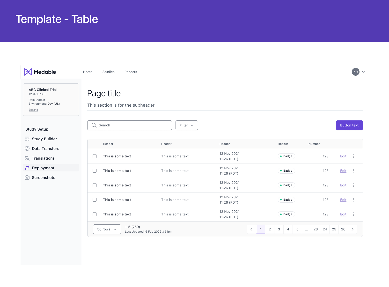 Template of a page with a table