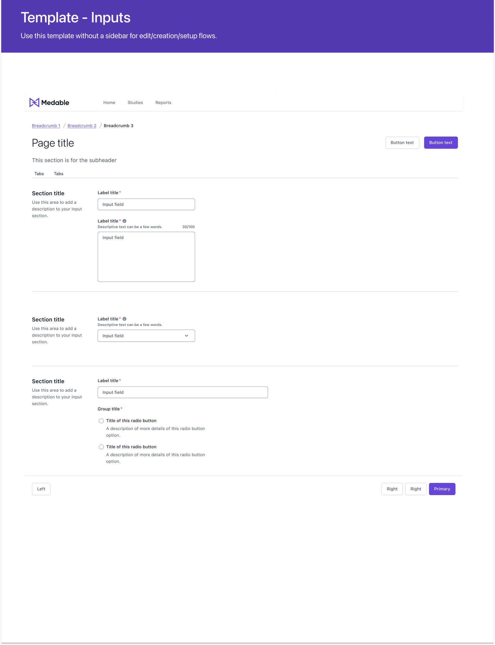 Template of an page with a header and inputs