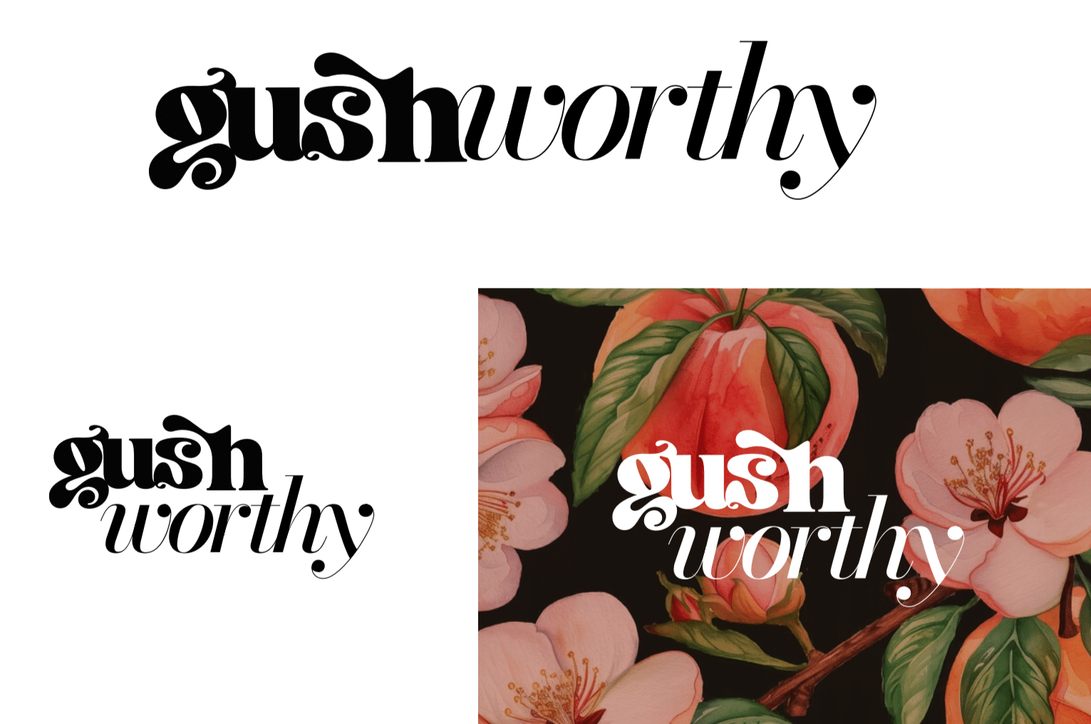 The image contains the words "gush worthy" in decorative black and white fonts, with a floral background featuring pink flowers and green leaves.