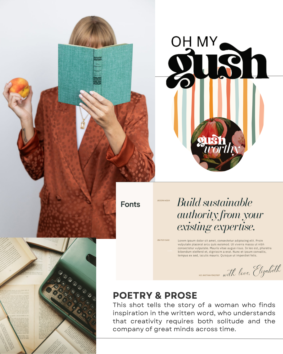 A woman wearing a red patterned blazer holds an apple in one hand and a teal book in front of her face. The image is divided into four sections: the upper left shows her, the upper right features a graphic with the text 'OH MY gush', the lower left shows an open book with a green typewriter, and the lower right displays a design with the text 'Build sustainable authority from your existing expertise' and additional paragraphs of placeholder text.