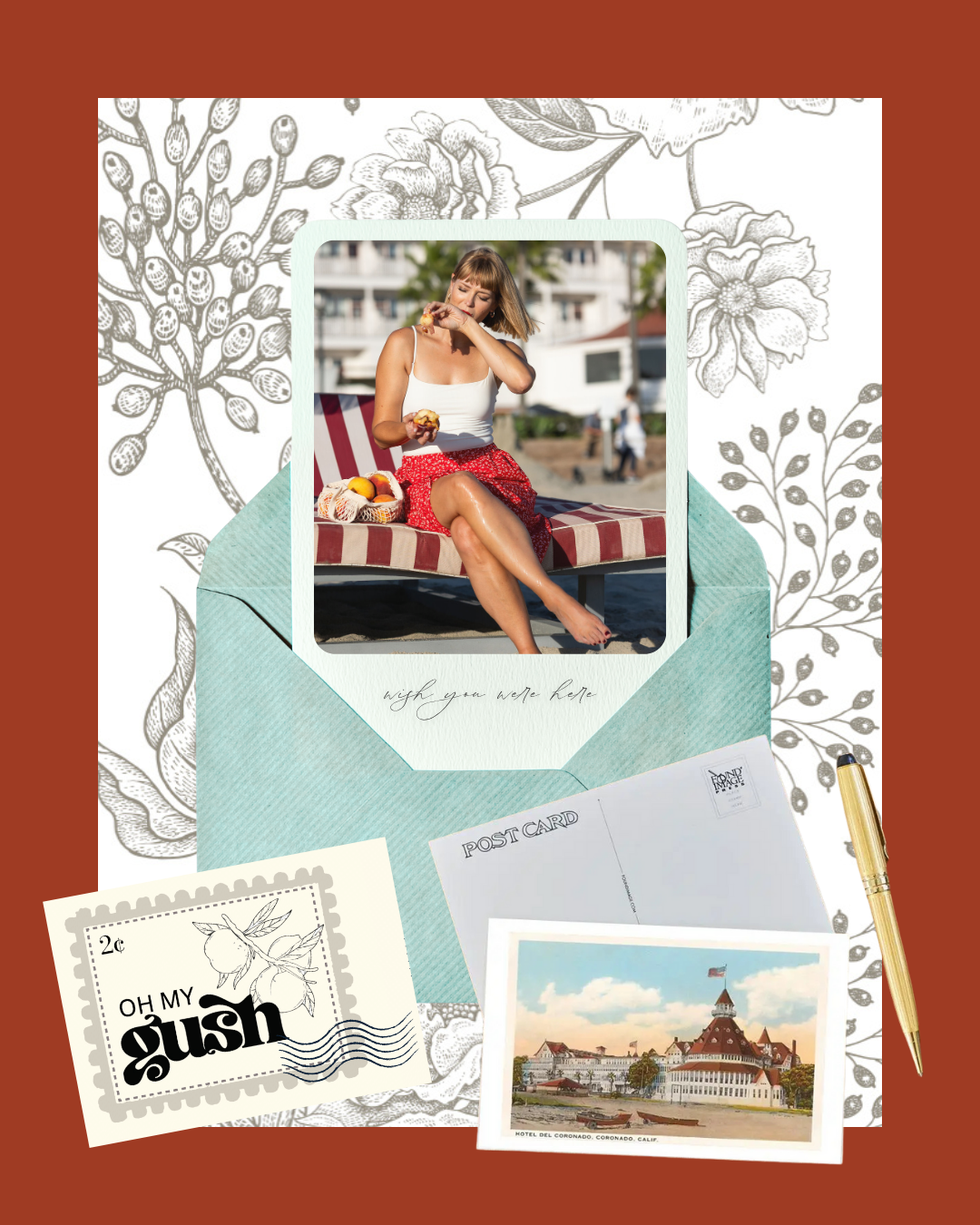 A vintage-inspired scrapbook page featuring a central photograph of a woman sitting on a striped lounge chair on a beach, eating a donut. The page includes a light blue envelope with handwritten text, an illustration of a postcard showing a historic hotel, a postage stamp with the words 'Oh My Gush', a pen, and a background of floral black-and-white illustrations on a white paper with a brown border.