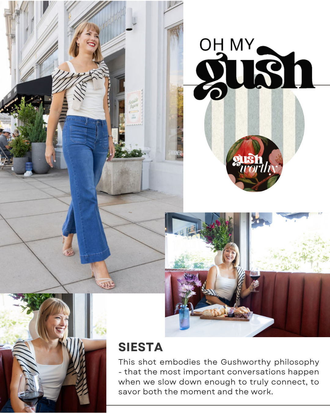 A woman with blonde hair, wearing a white top and blue jeans, walking on the sidewalk outside a storefront, smiling. Additional images show her sitting in a cafe with a glass of red wine, flowers, and food, smiling and enjoying her time.