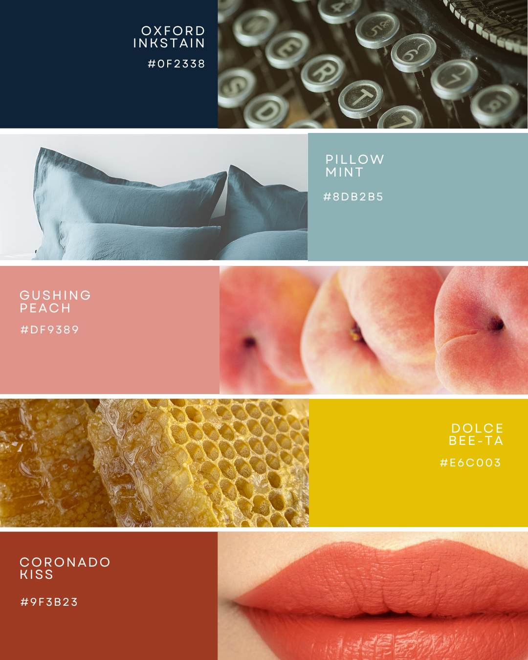 A collage featuring a dark blue section with the text 'Oxford Inkstain' and color code #0F2338, a close-up of vintage typewriter keys, a light blue section with the text 'Pillow Mint' and color code #8DB2B5, a photo of peach-colored peaches with the text 'Gushing Peach' and color code #DF9389, a yellow section with honeycomb and the text 'Dolce Bee-Ta' and color code #E6C003, and a close-up of lips with the text 'Coronado Kiss' and color code #9F3B23.