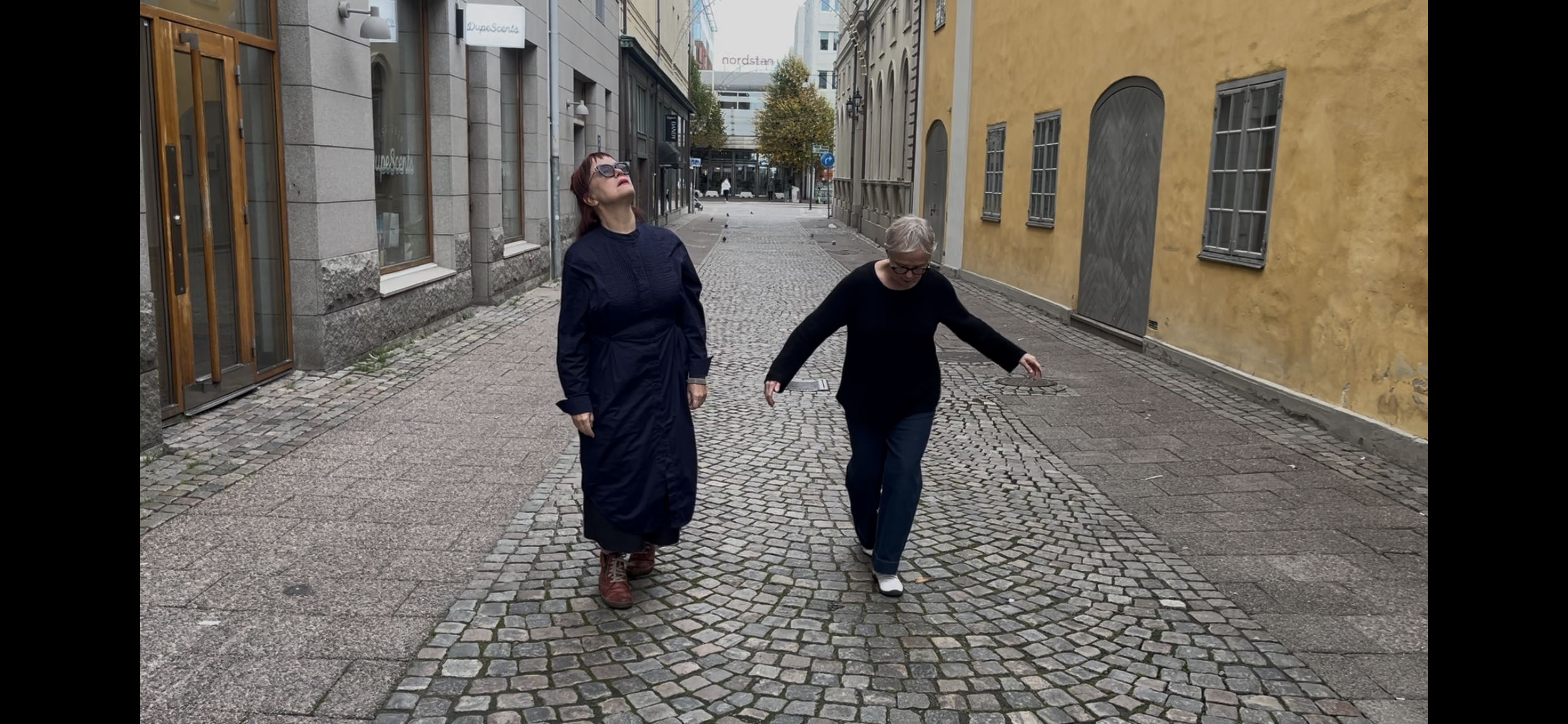 Two women move with awareness down a cobblestone street in Gothenberg Sweden