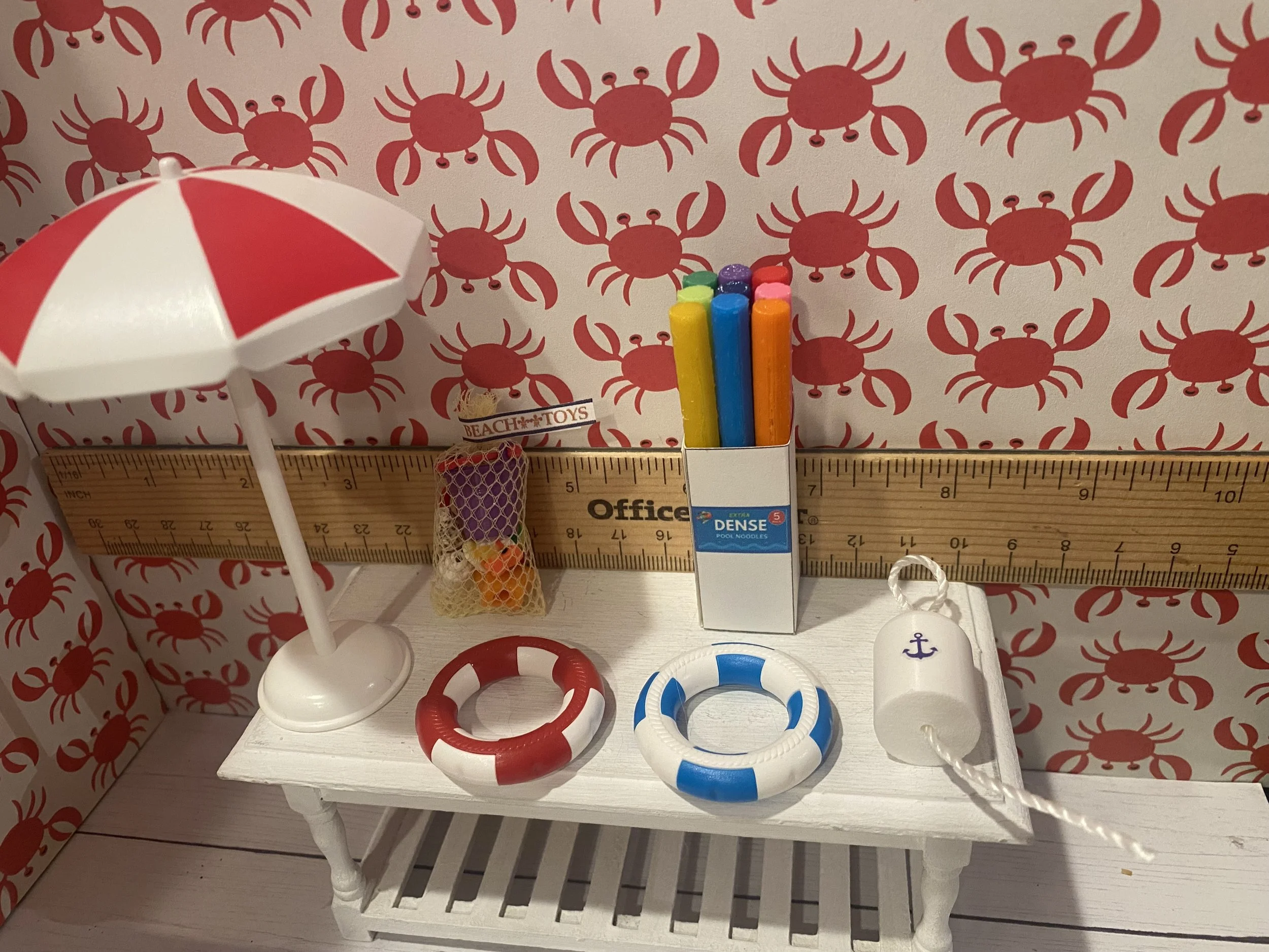 Miniature Red Striped Umbrella, Box of Noodles, Life Saver, Buoy, Bag of Beach Toys, 1:12