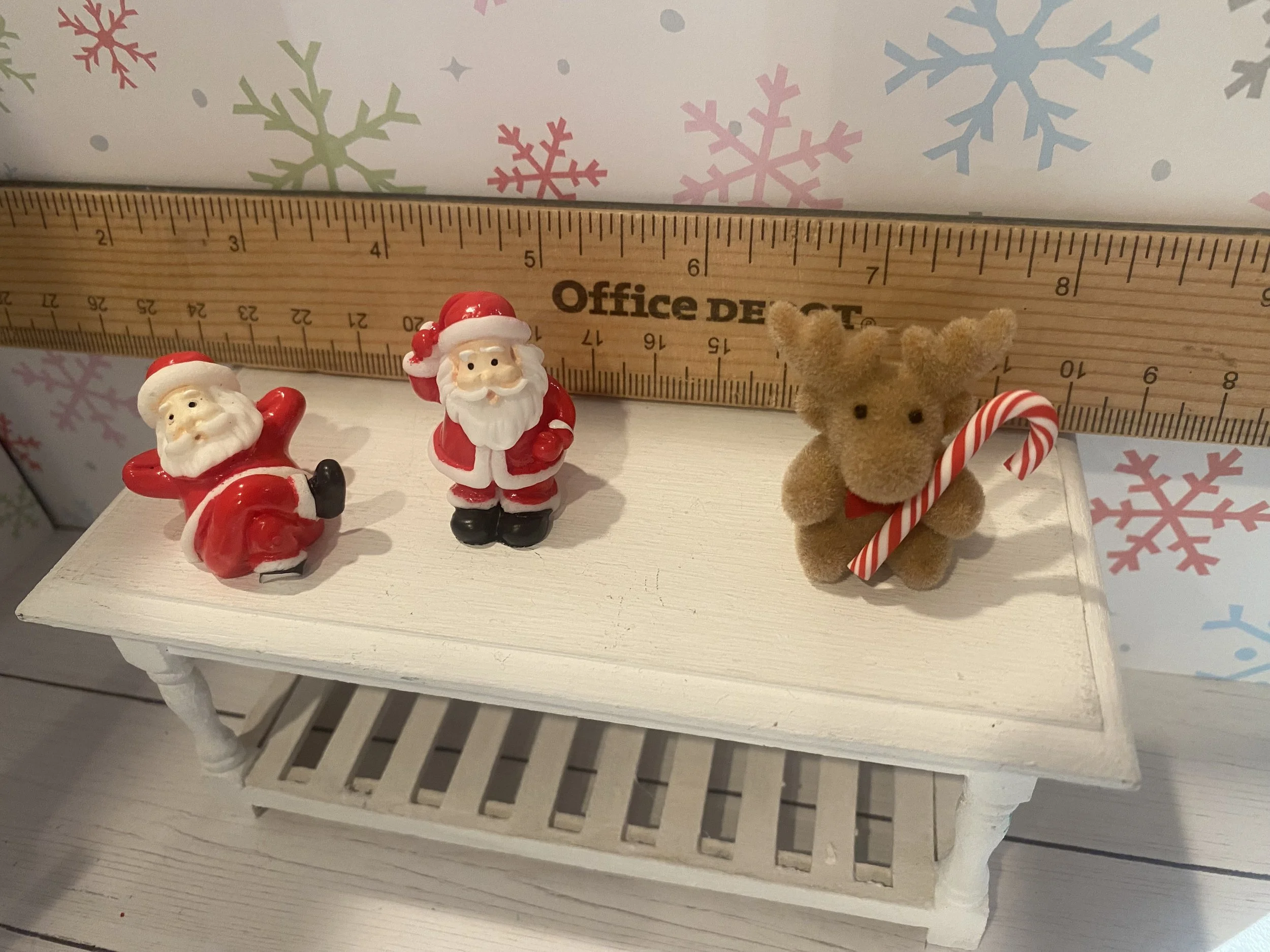 Miniature Santa Figures, Standing and Laying, Flocked Moose w/Candy Cane, 1:12