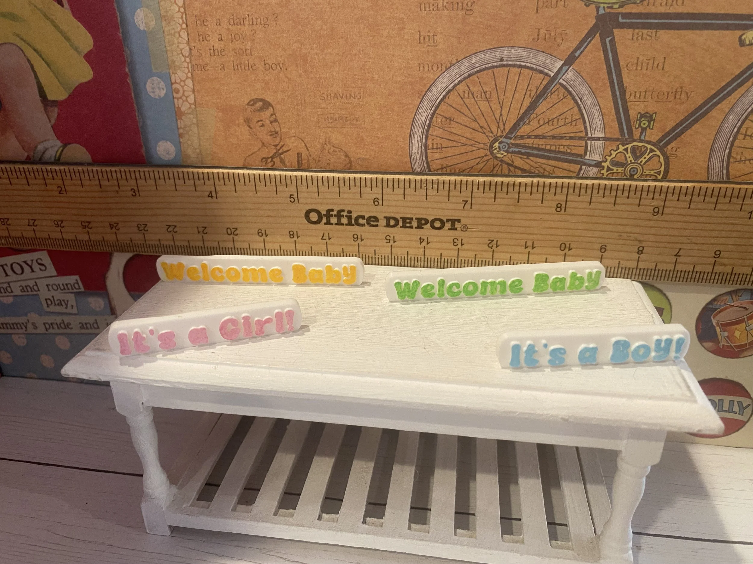 Miniature Baby Word Art, Welcome Baby Girl, Boy, Assorted Colors, Pink, Blue, Yellow, Mint, 1:12