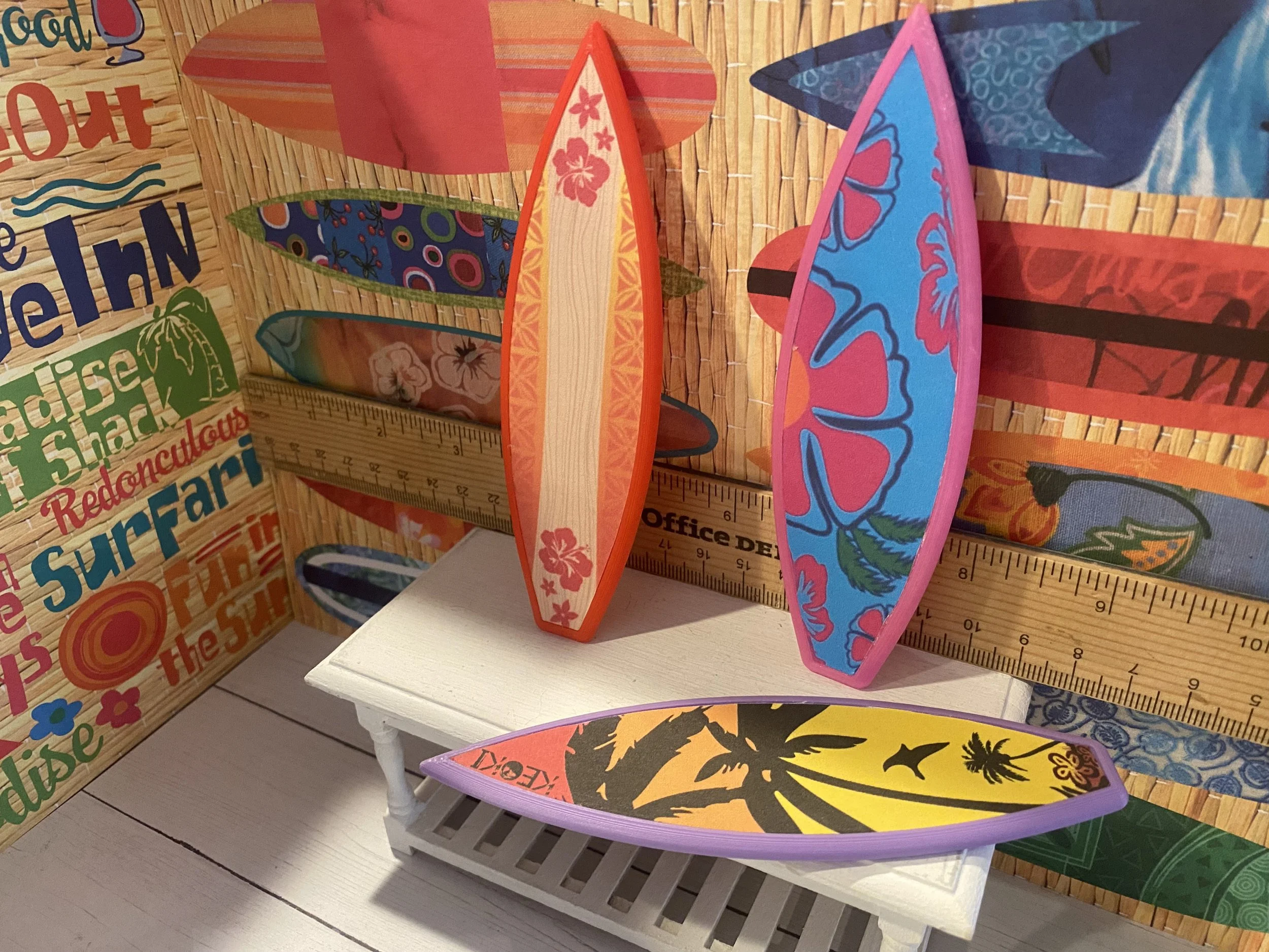 Miniature Red, Pink and Purple Surfboard, 1:12