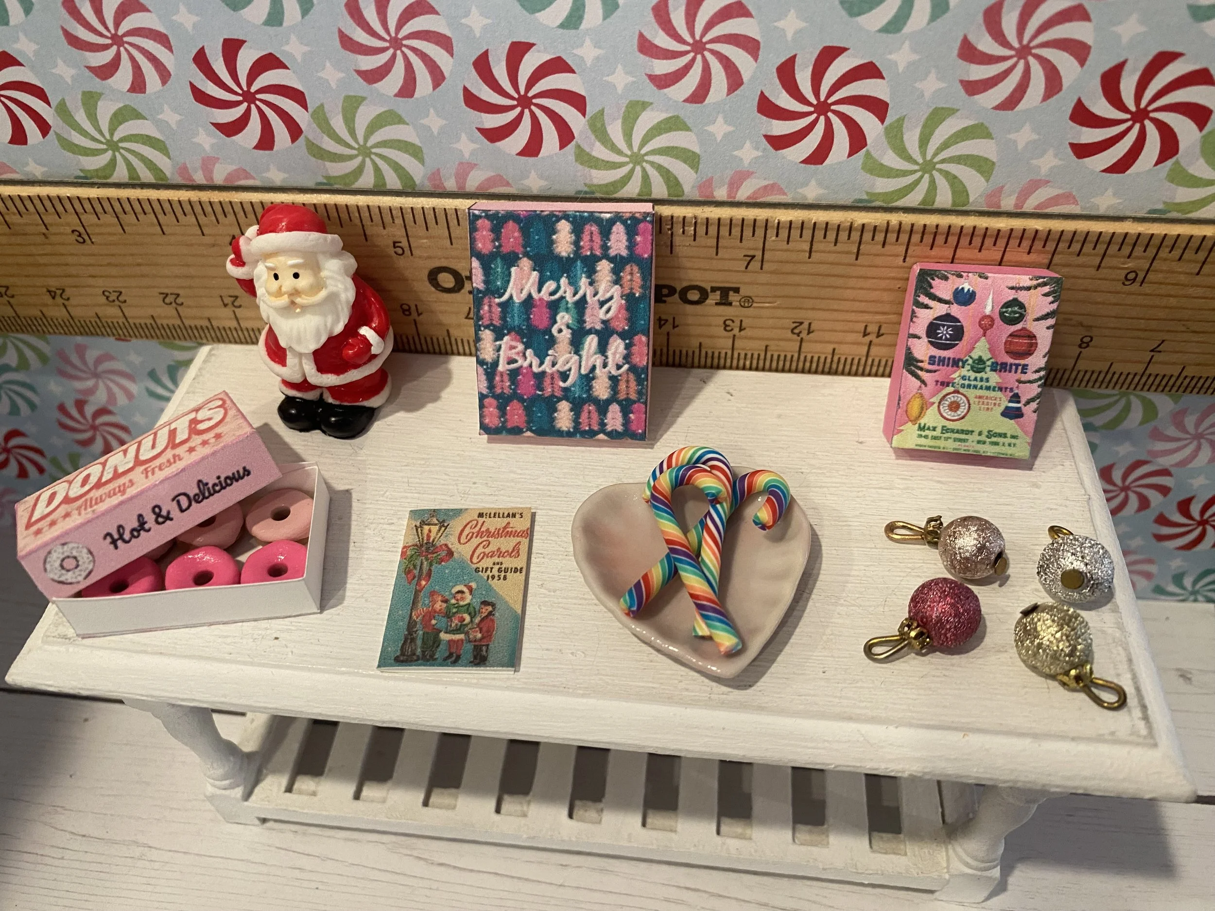 Miniature Pink Donuts, Pink Heart Plate w/Rainbow Candy Canes, Standing Santa, Pink Ornaments, Catalog, Pink Christmas Gift Box, 1:12