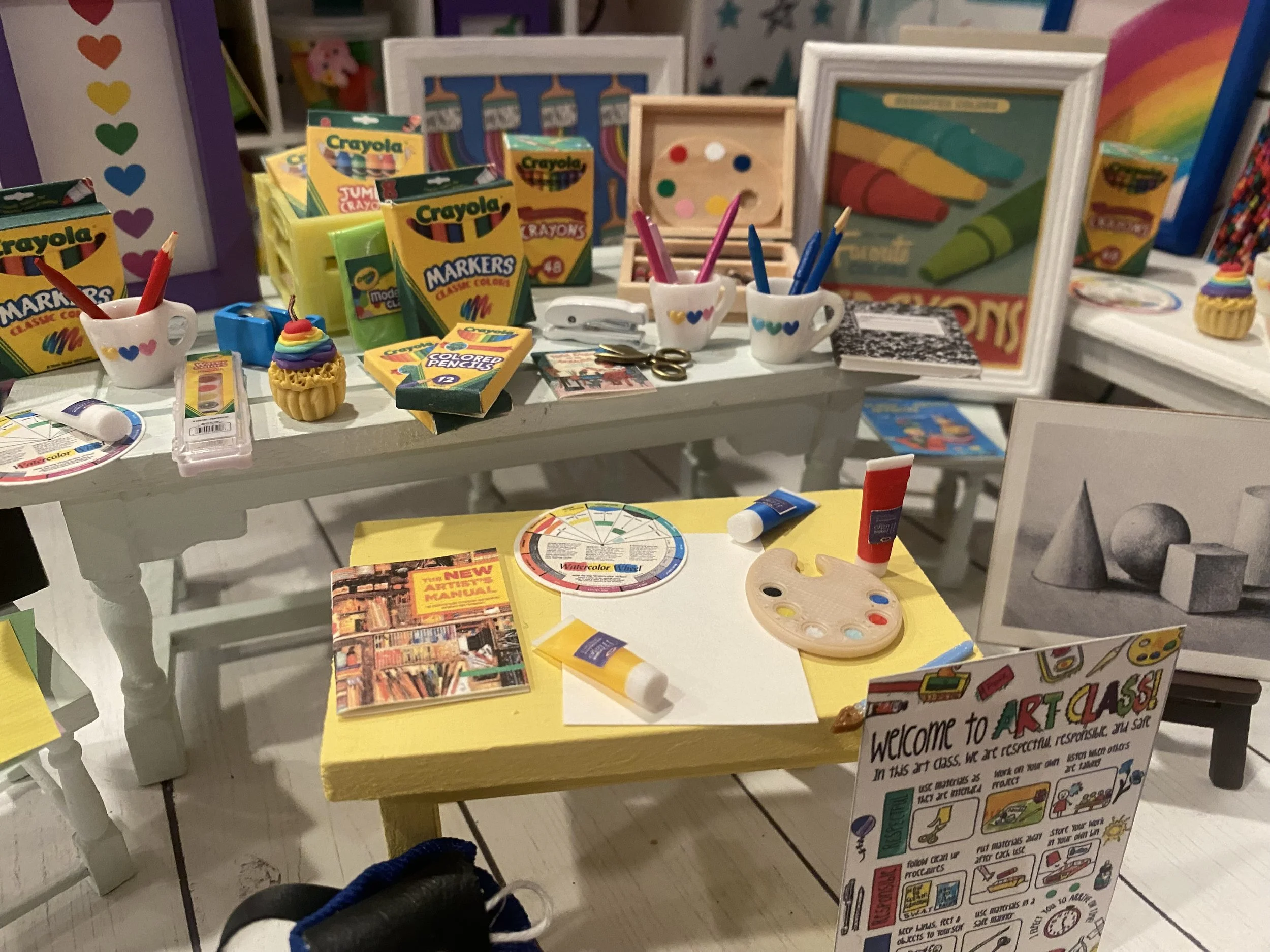 Miniature Art Supplies, Crayons, Markers, Art Box & Art Table