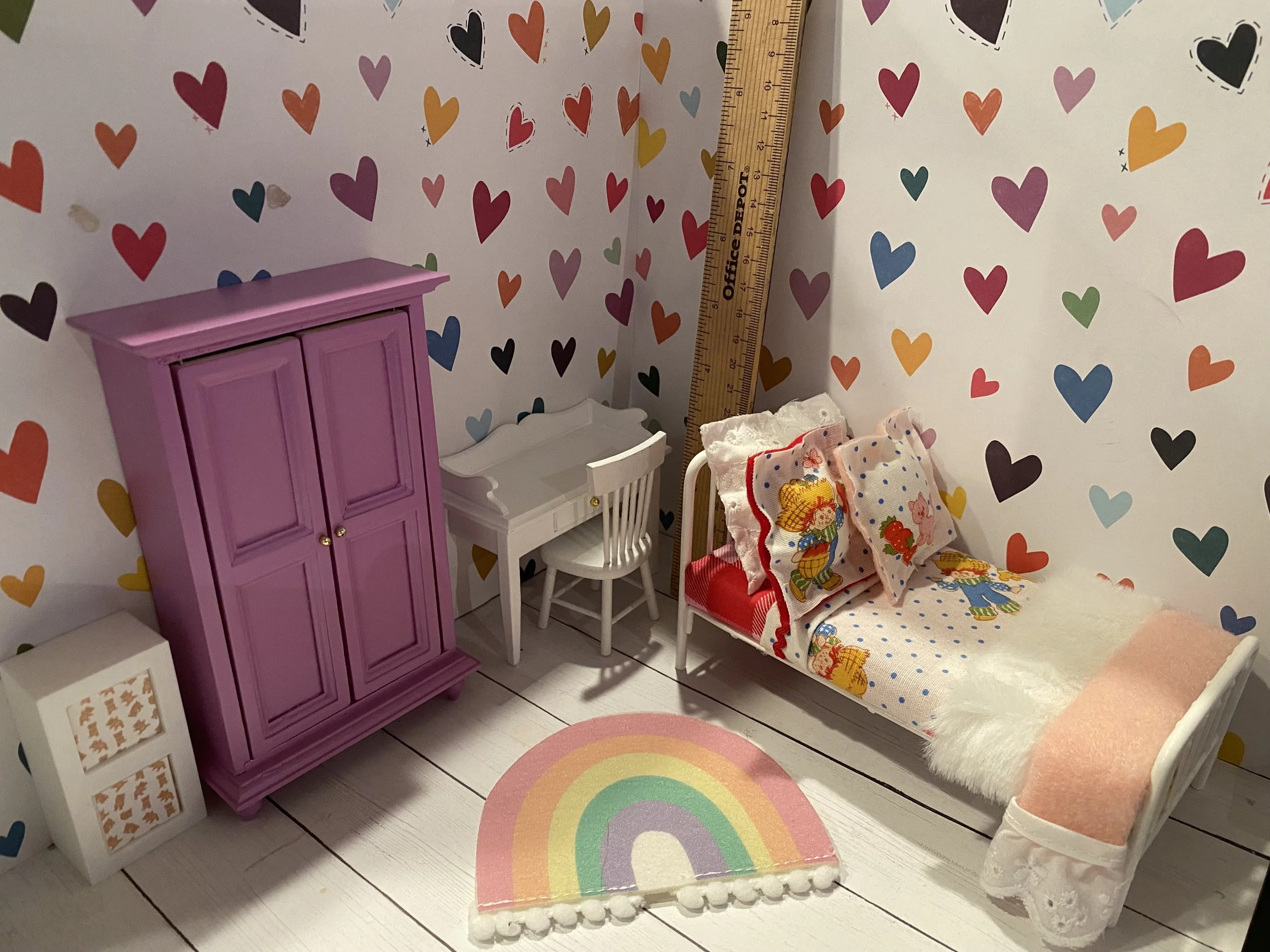 Miniature Furniture, Purple Cabinet, Bed, Desk, Rug, 1:12